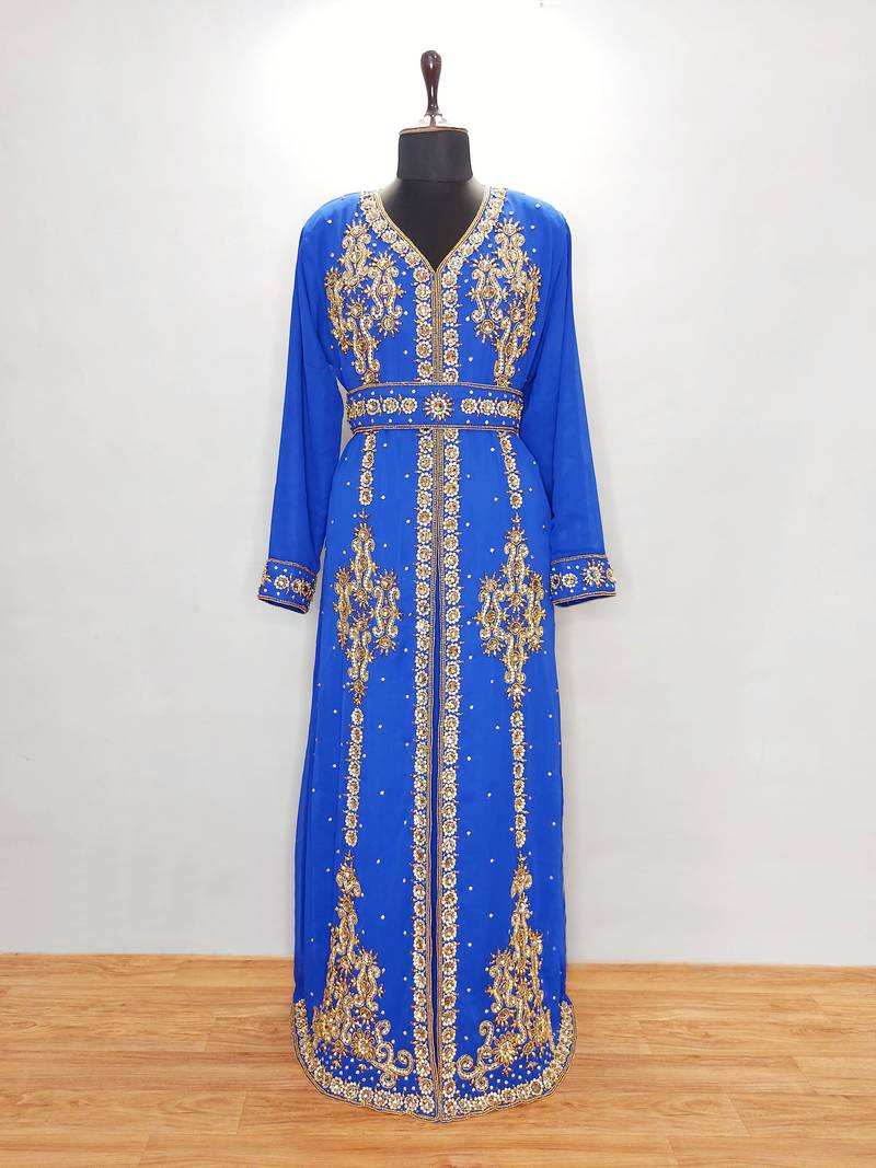 Pakistani Royal Blue Embroidered Georgette Moroccan Kaftan (2-Piece) - Image 1