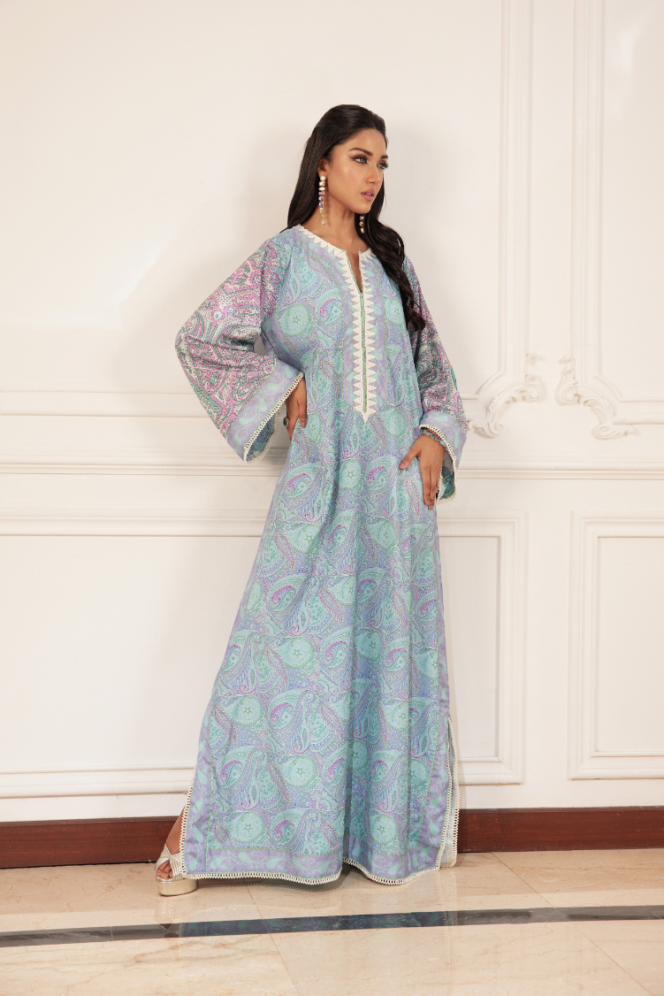 Pakistani Light Blue Digital Printed Crepe Georgette Kaftan (1-Pc) - Image 1