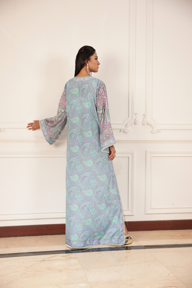 Pakistani Light Blue Digital Printed Crepe Georgette Kaftan (1-Pc) - Image 2