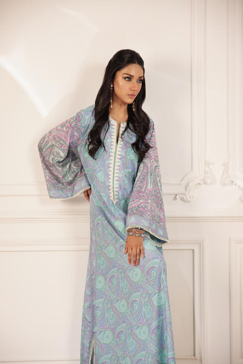 Pakistani Light Blue Digital Printed Crepe Georgette Kaftan (1-Pc) - Image 3
