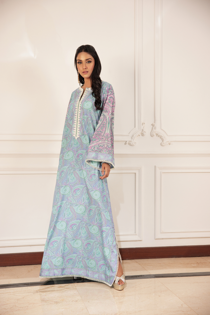 Pakistani Light Blue Digital Printed Crepe Georgette Kaftan (1-Pc) - Image 4
