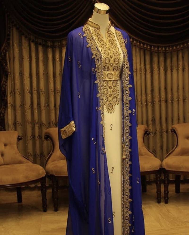 Pakistani Blue Zari Embroidered Georgette Kaftan (1-Pc) - Image 1