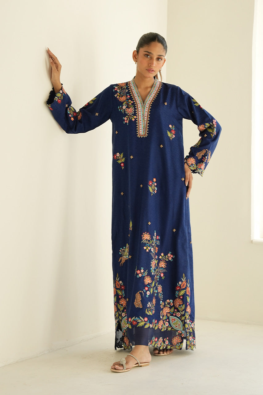Pakistani Midnight Blue Embroidered Self-Jamawar Kaftan (1-Pc) - Image 1