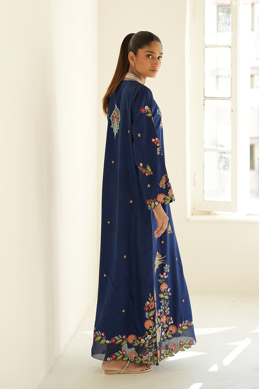 Pakistani Midnight Blue Embroidered Self-Jamawar Kaftan (1-Pc) - Image 2