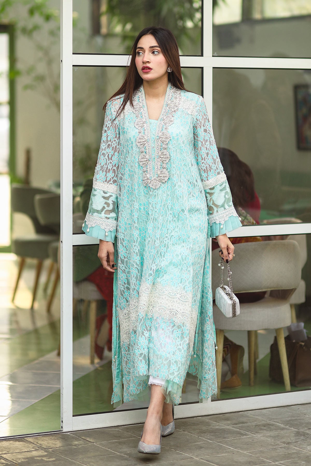 Pakistani Aqua Hand Embellished Blended Lace Kaftan (2-Piece) - Image 1