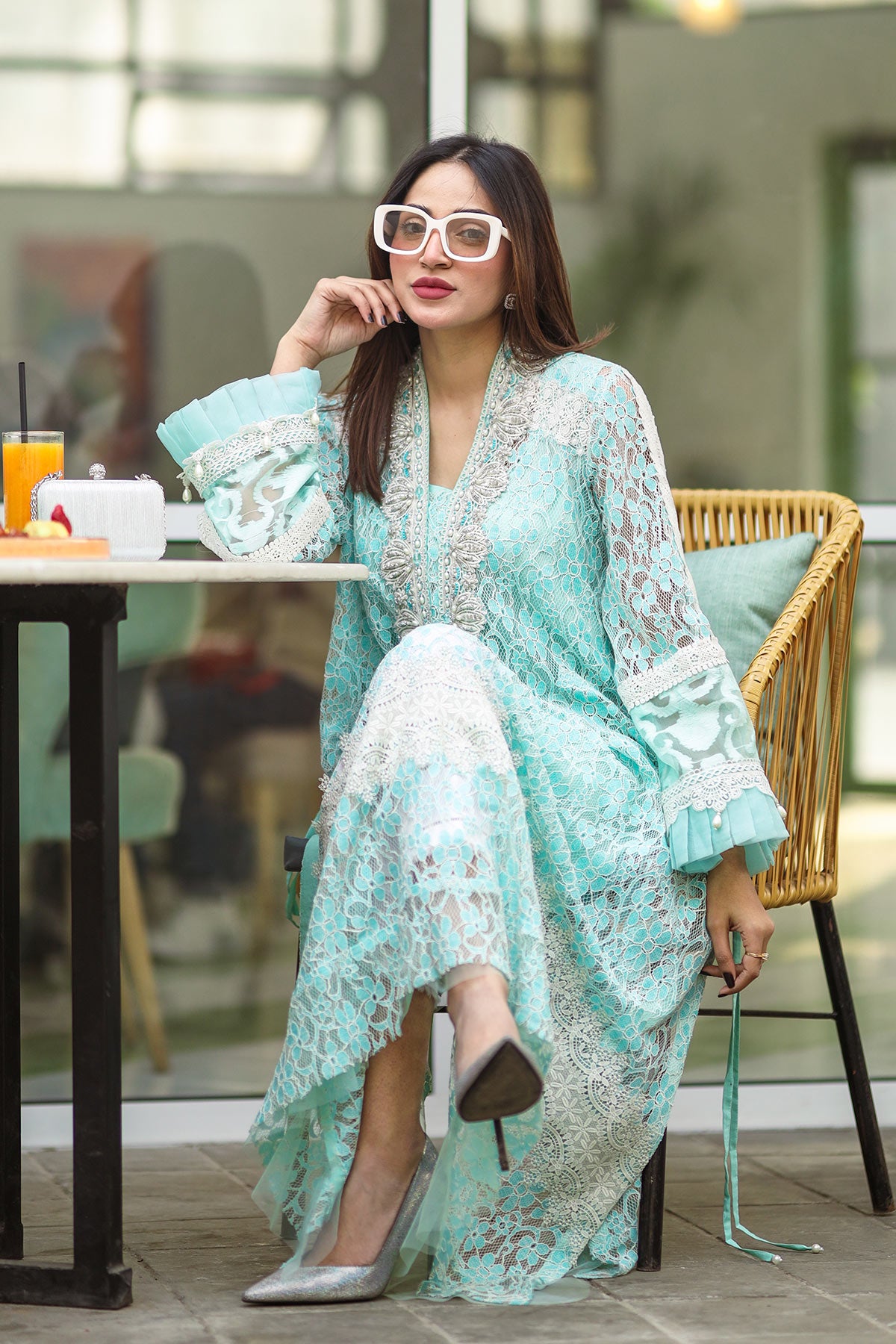 Pakistani Aqua Hand Embellished Blended Lace Kaftan (2-Piece) - Image 3