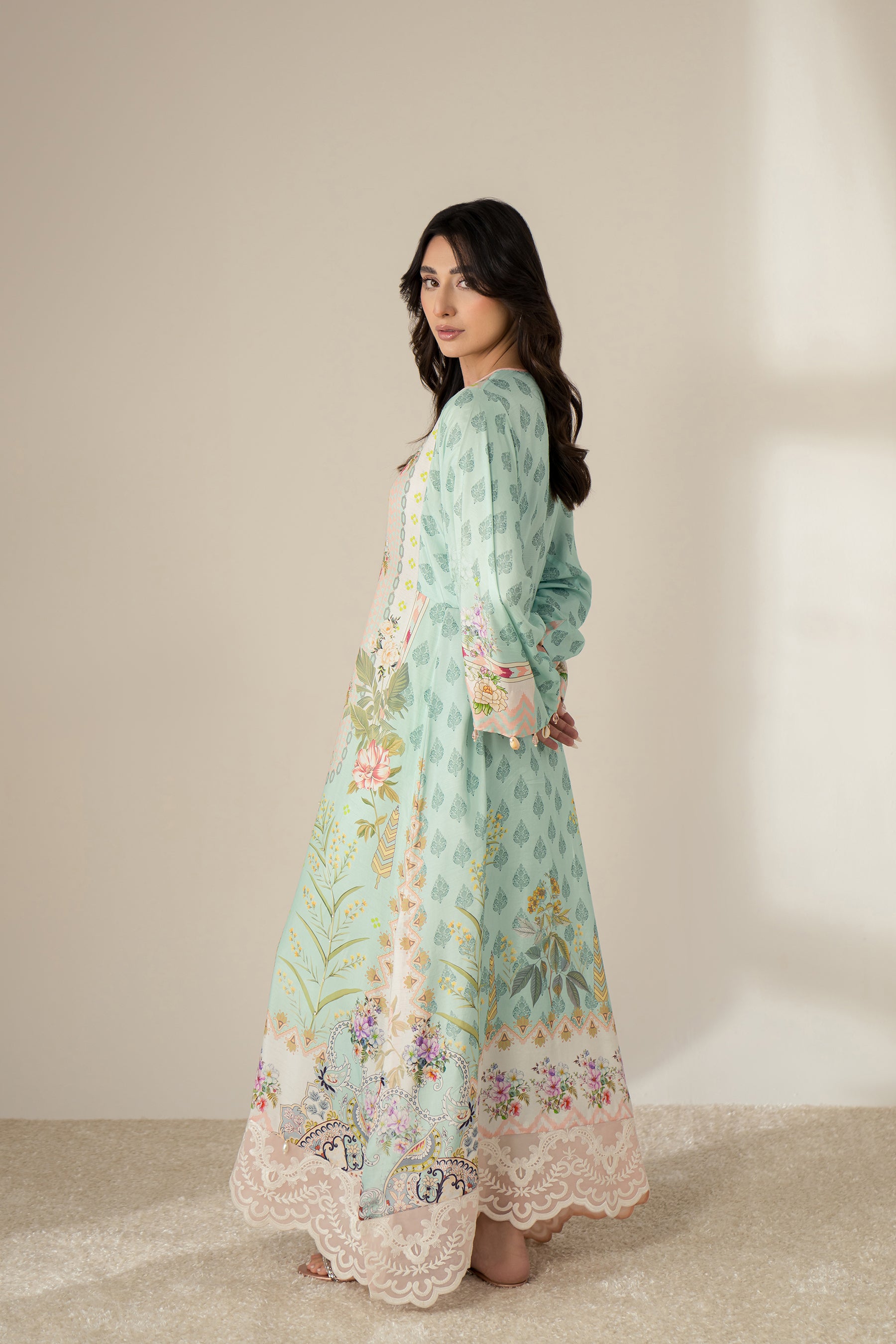 Aqua Floral Blended Raw Silk Kaftan (2-Piece) - Image 2