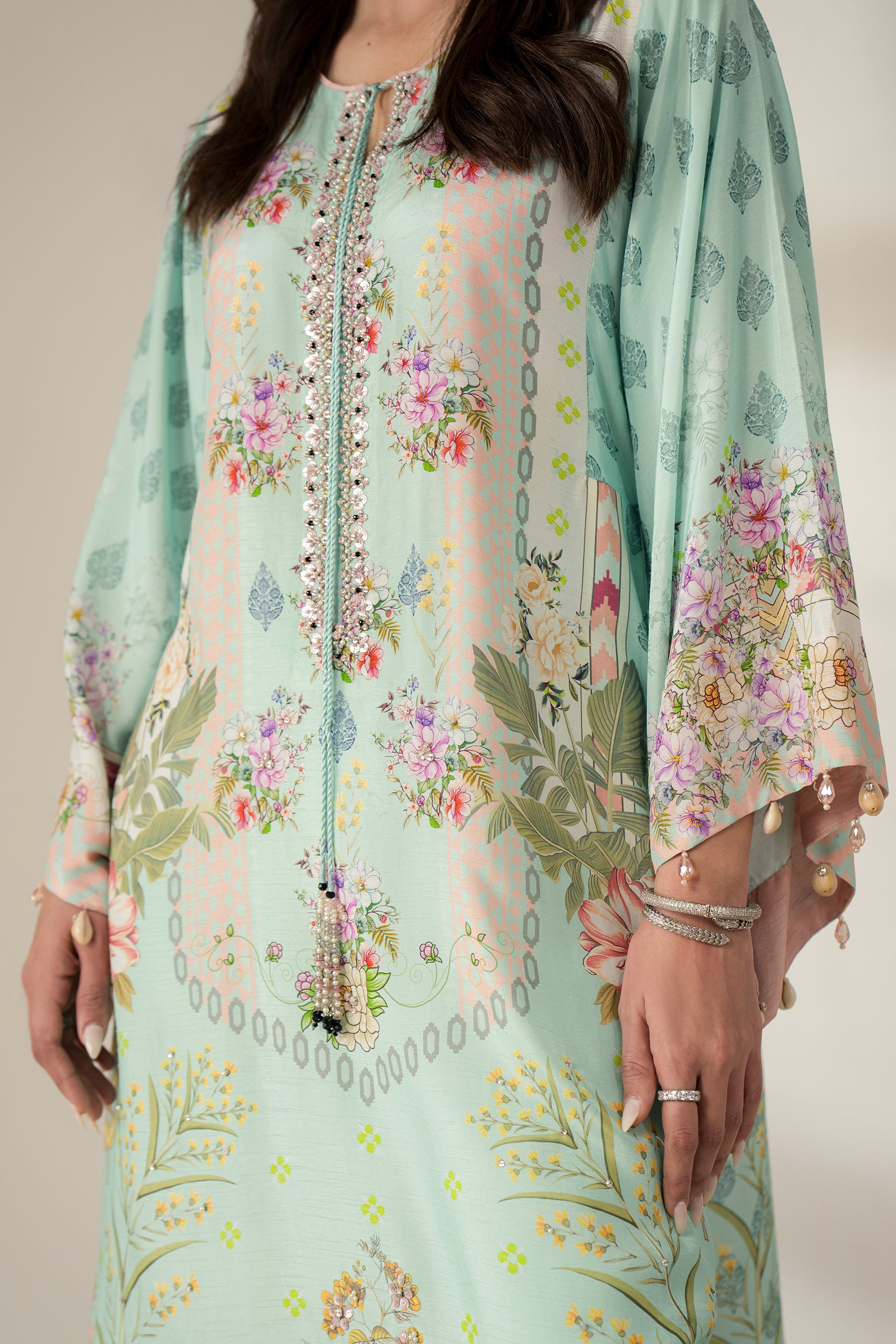 Aqua Floral Blended Raw Silk Kaftan (2-Piece) - Image 4