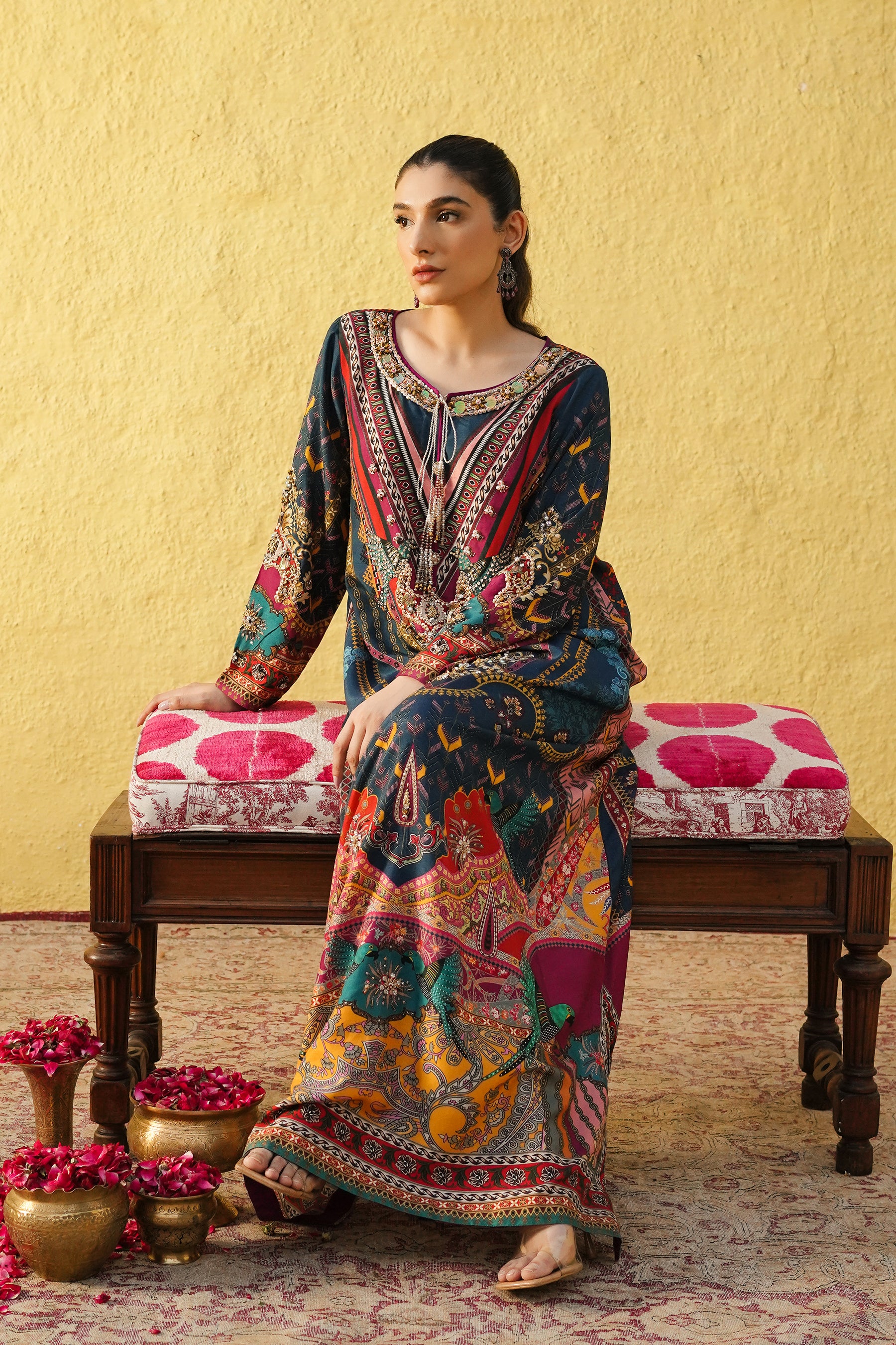 Pakistani Multi-Blue Hand-Embellished Silk Kaftan (2-Piece) - Image 8