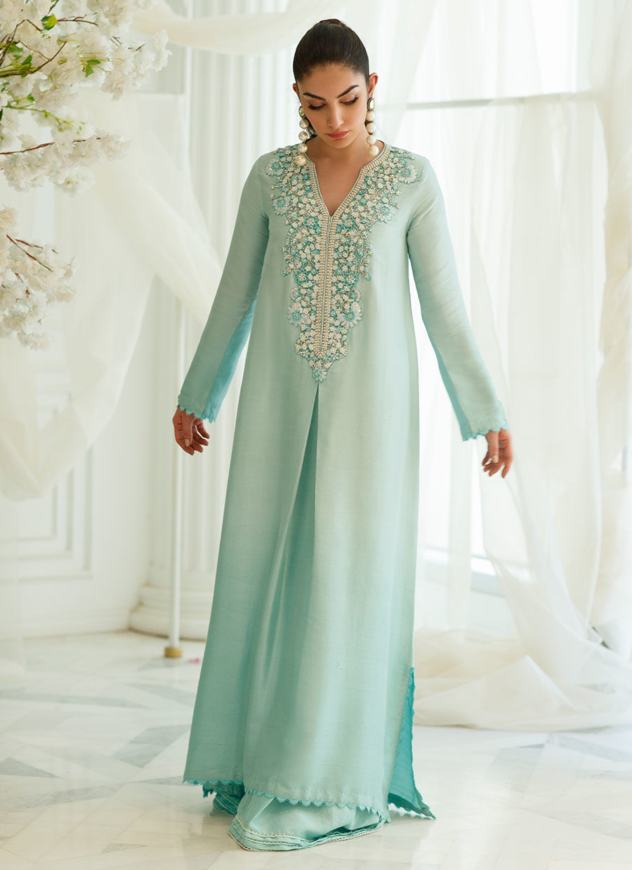 Pakistani Aqua Embroidered Raw Silk Kaftan (2-Piece) - Image 1