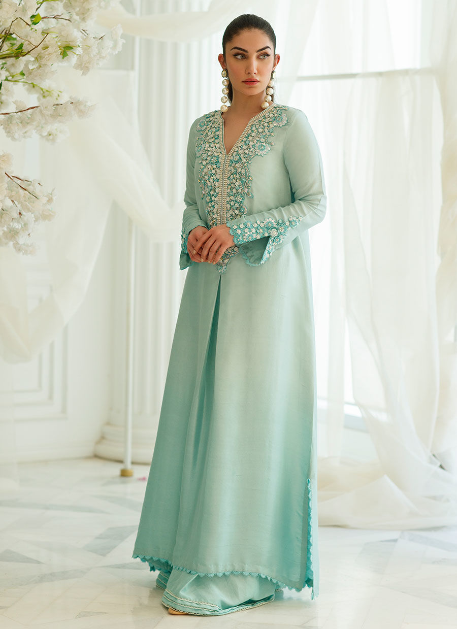Pakistani Aqua Embroidered Raw Silk Kaftan (2-Piece) - Image 2
