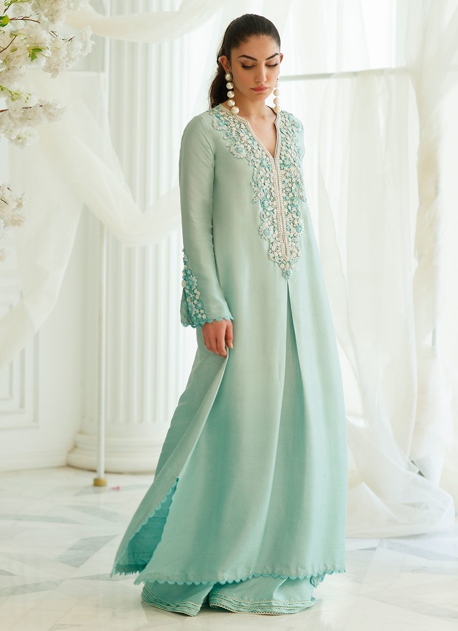Pakistani Aqua Embroidered Raw Silk Kaftan (2-Piece) - Image 3