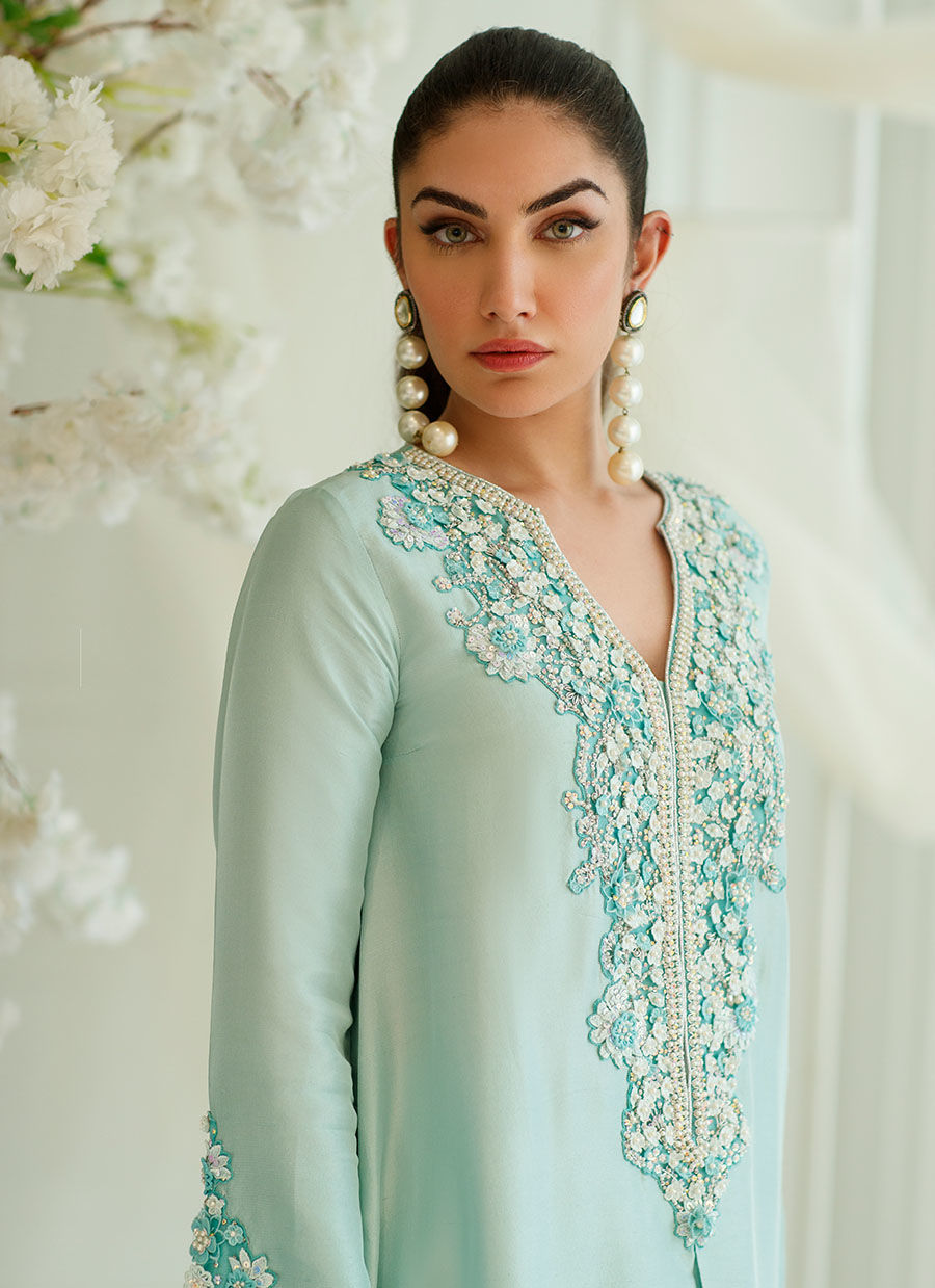 Pakistani Aqua Embroidered Raw Silk Kaftan (2-Piece) - Image 4