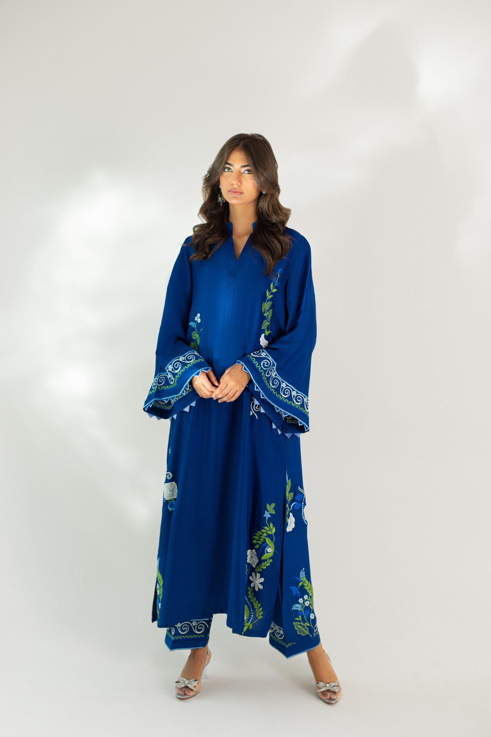 Royal Blue Embroidered Pure Raw Silk Kaftan (2-Piece) - Image 1