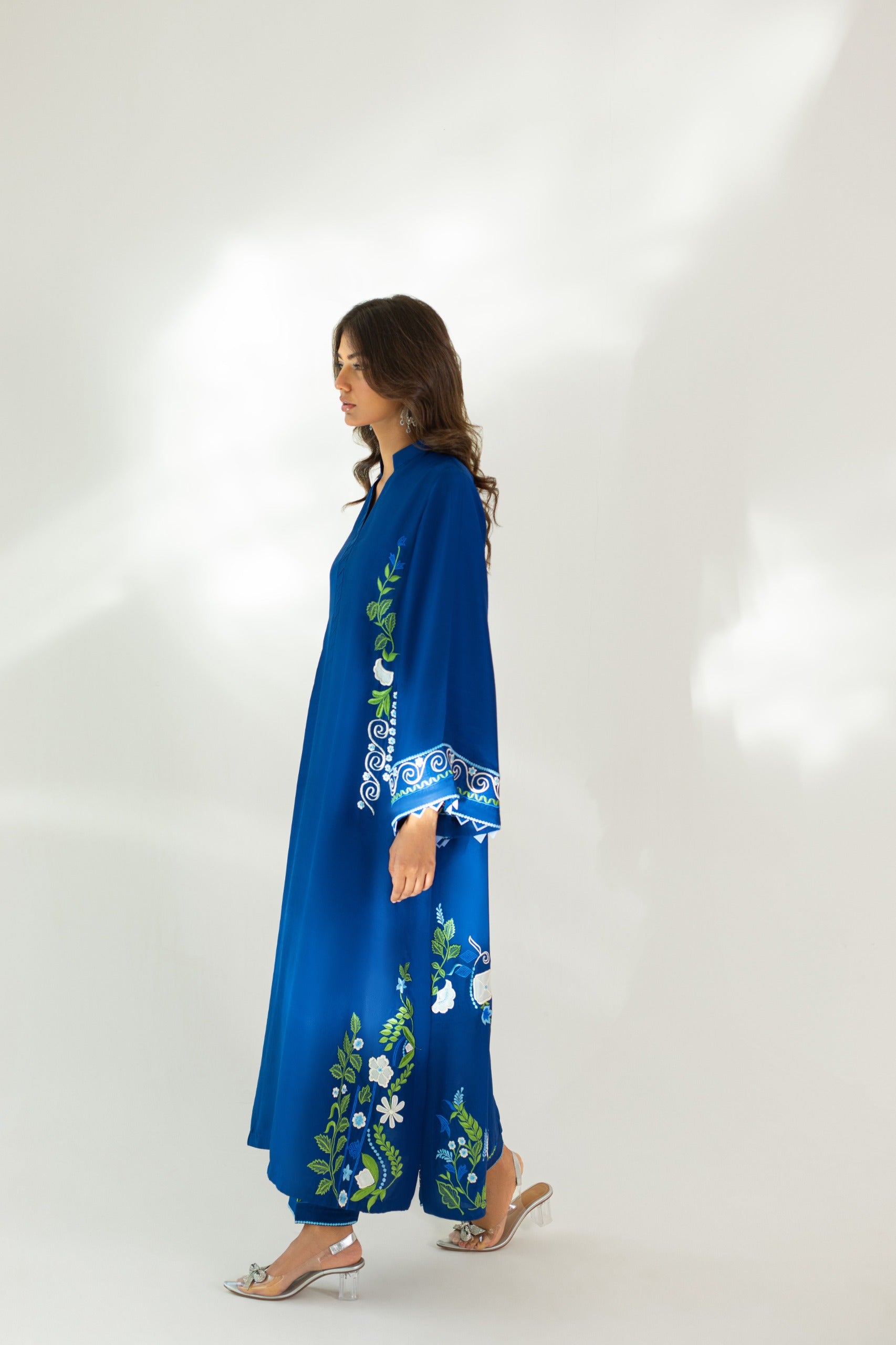 Royal Blue Embroidered Pure Raw Silk Kaftan (2-Piece) - Image 5