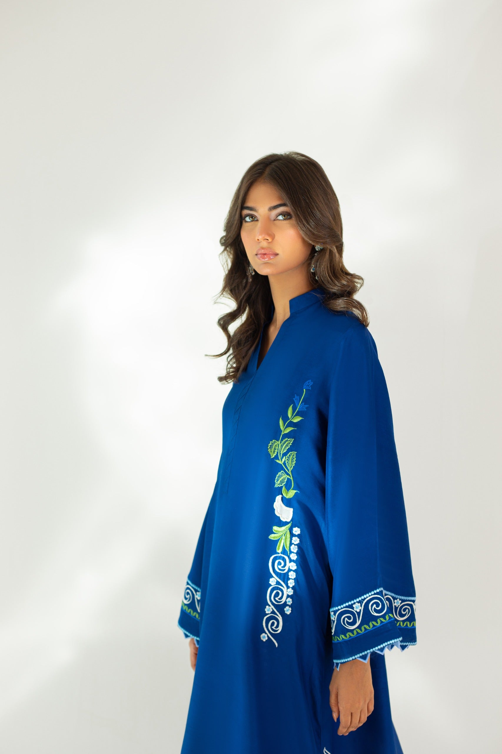 Royal Blue Embroidered Pure Raw Silk Kaftan (2-Piece) - Image 6