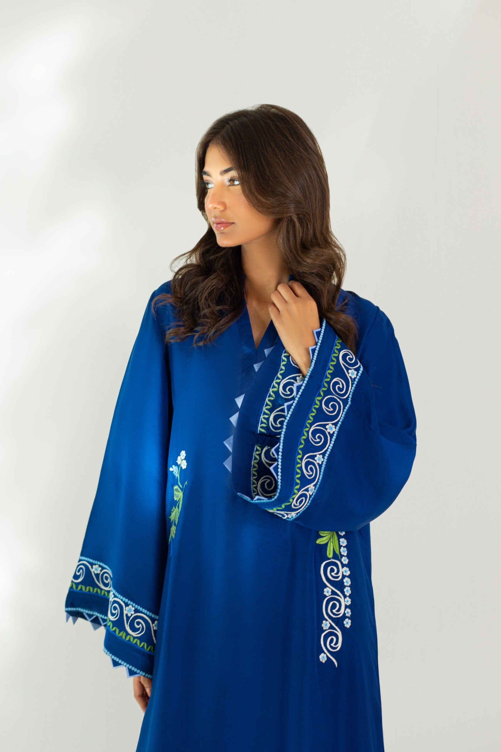 Royal Blue Embroidered Pure Raw Silk Kaftan (2-Piece) - Image 7