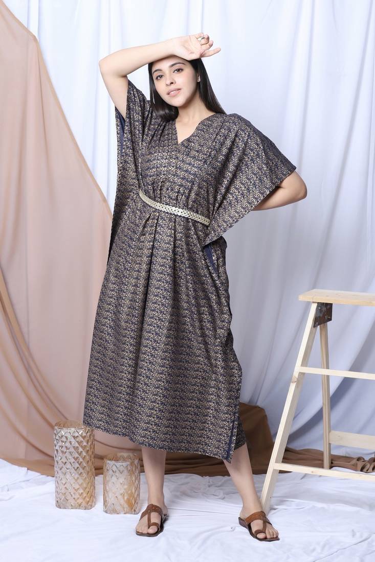 Pakistani Blue Printed Rayon Kaftan with Embroidered Belt (1-Pc) - Image 1