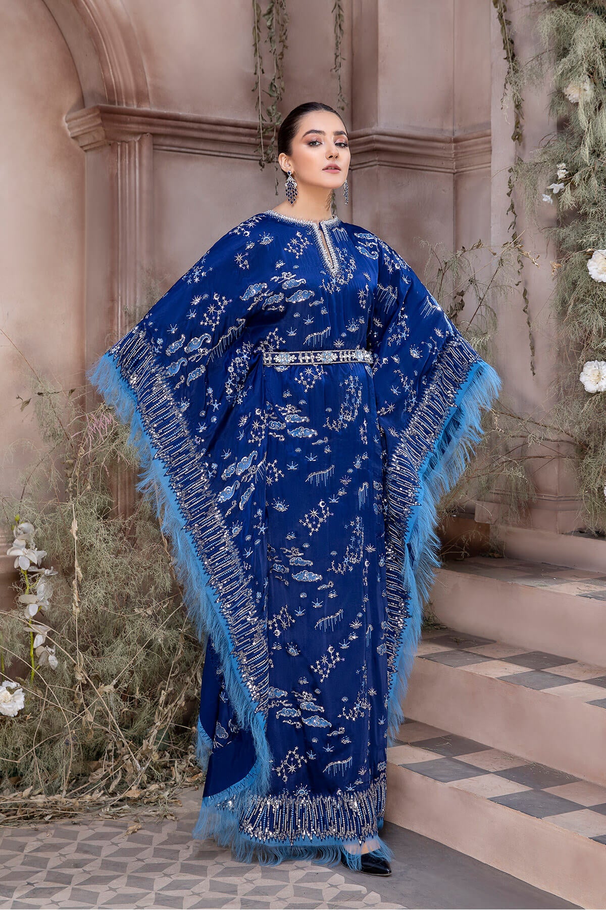 Pakistani Royal Blue Embroidered Shamoze Silk Kaftan (3-Piece) - Image 1