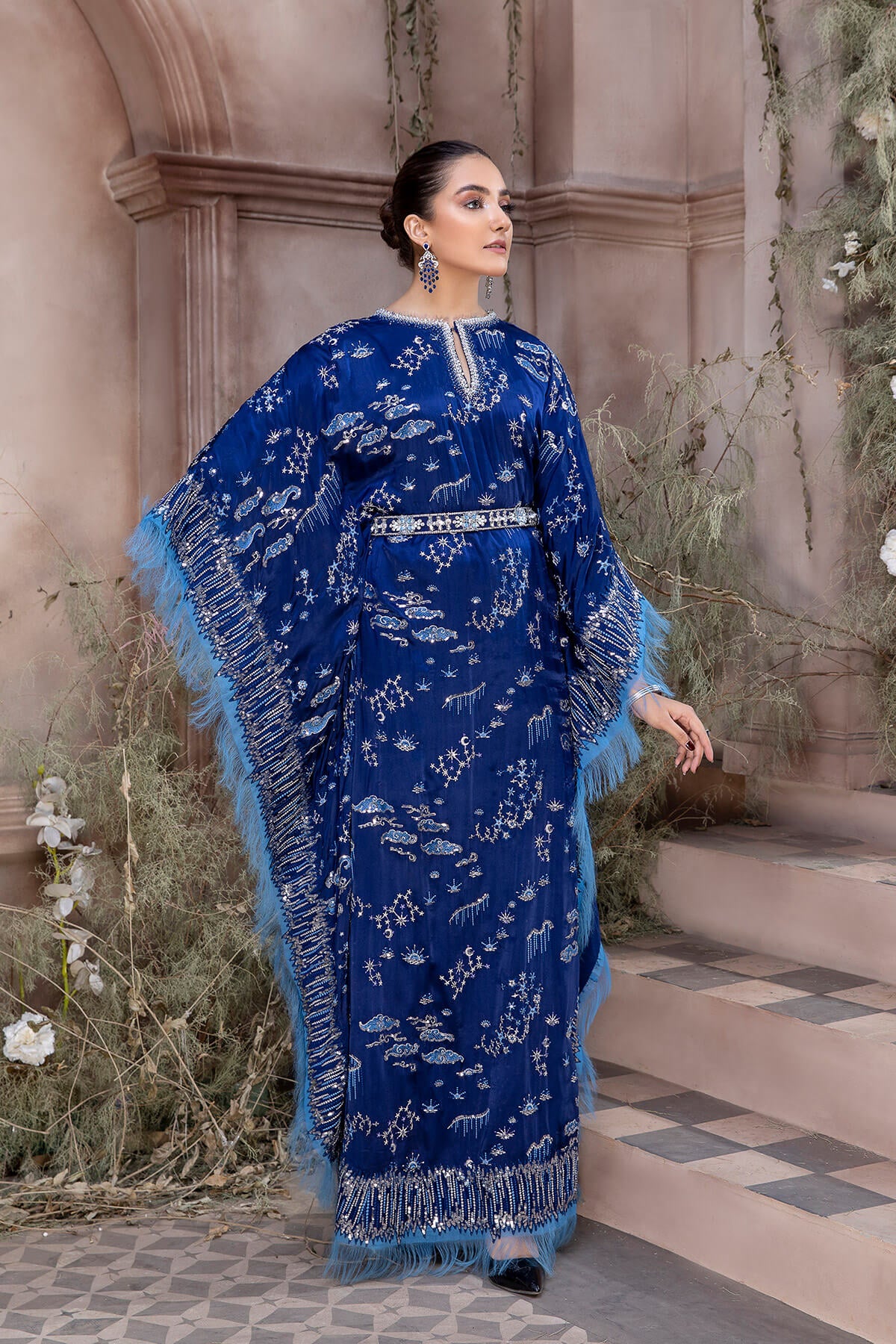 Pakistani Royal Blue Embroidered Shamoze Silk Kaftan (3-Piece) - Image 2