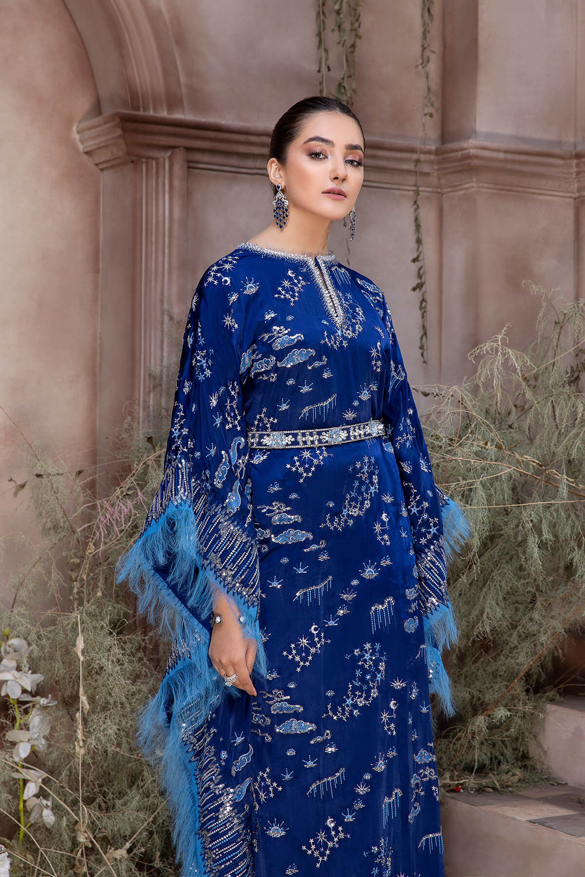 Pakistani Royal Blue Embroidered Shamoze Silk Kaftan (3-Piece) - Image 3