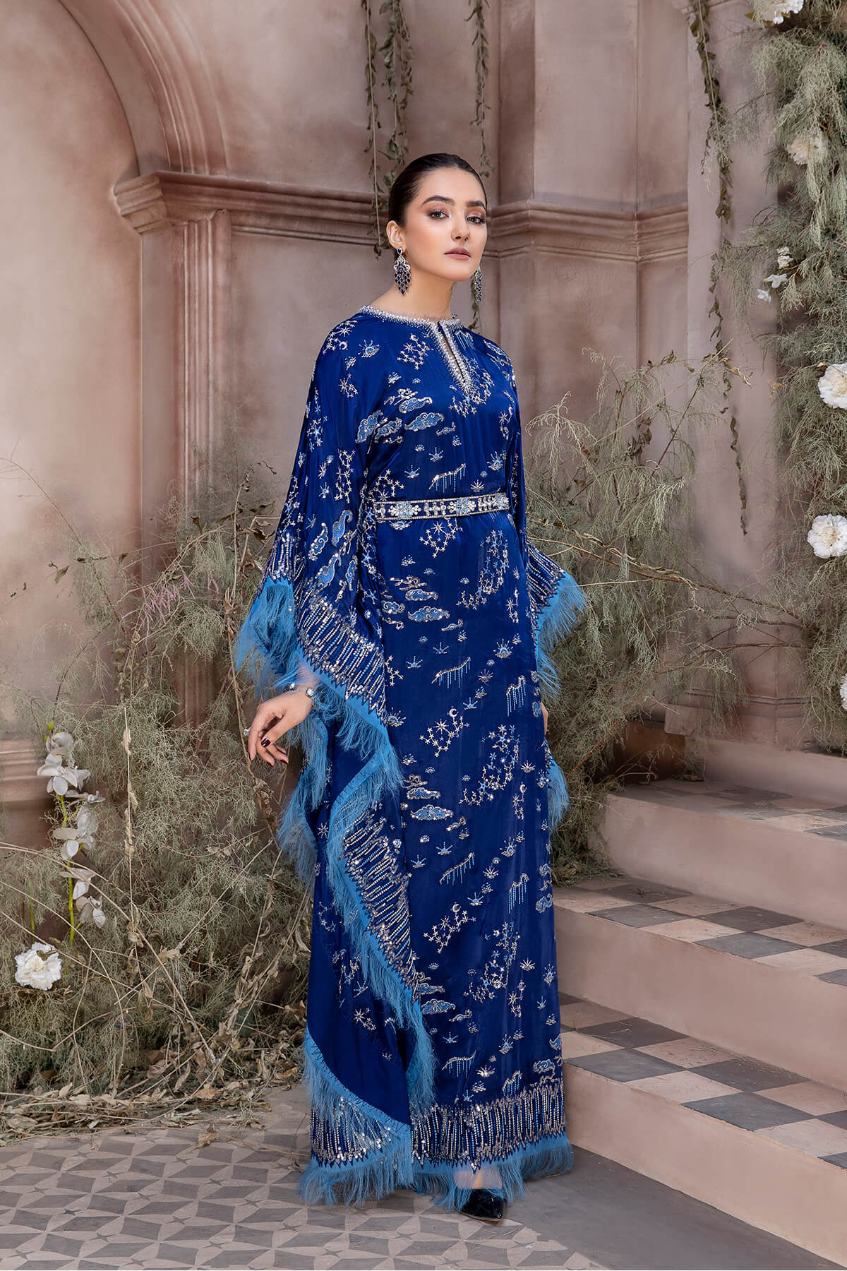 Pakistani Royal Blue Embroidered Shamoze Silk Kaftan (3-Piece) - Image 4