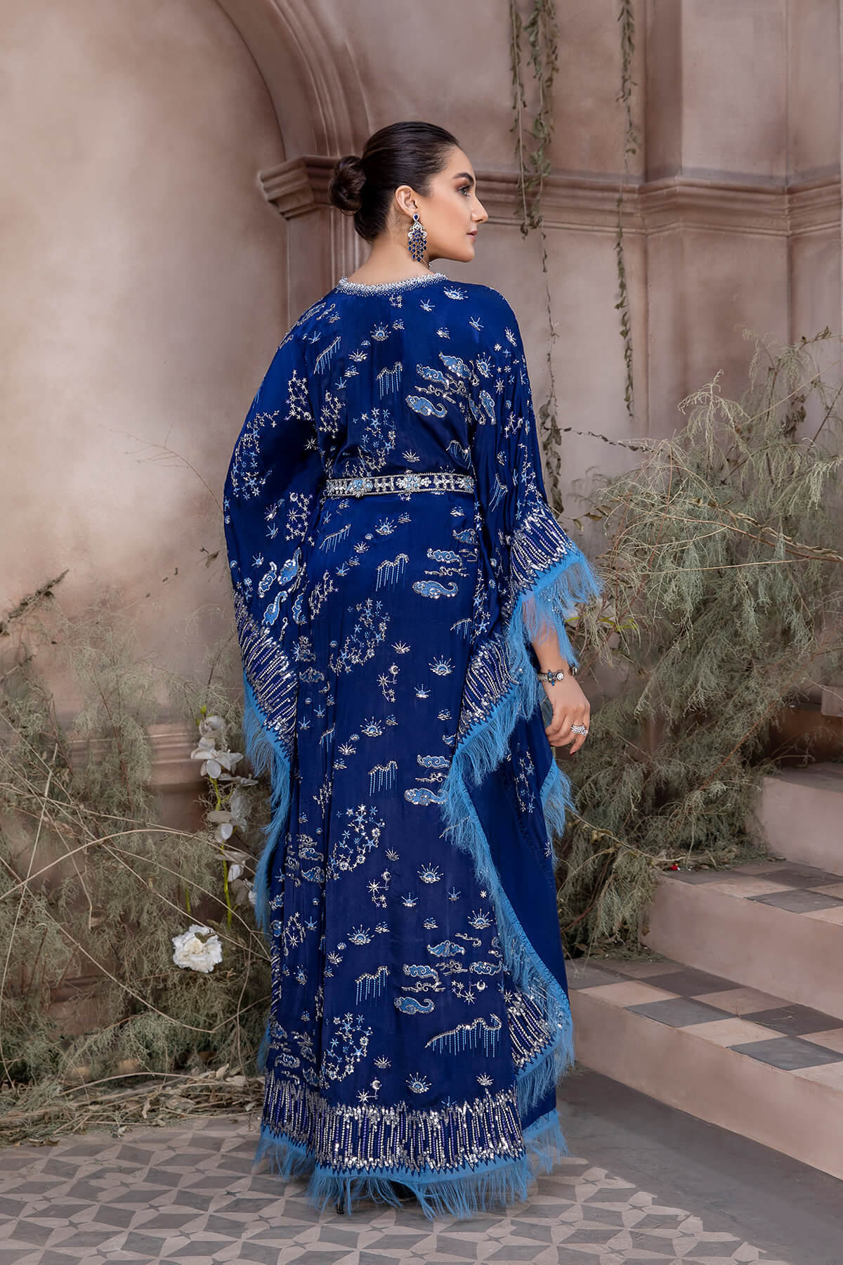 Pakistani Royal Blue Embroidered Shamoze Silk Kaftan (3-Piece) - Image 5