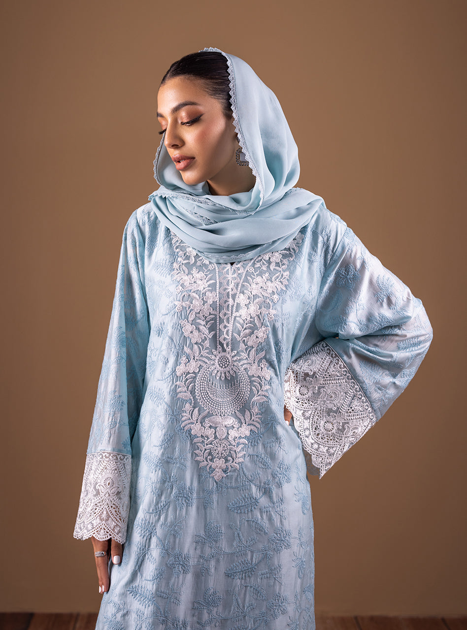 Ice Blue Hand Embroidered Silk-Blend Kaftan (2-Piece) - Image 3