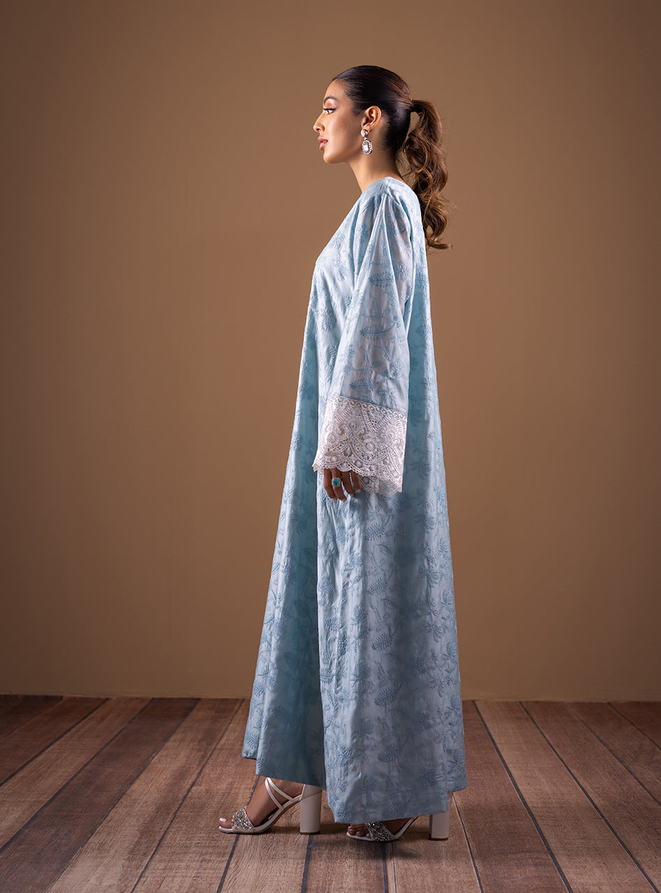 Ice Blue Hand Embroidered Silk-Blend Kaftan (2-Piece) - Image 5