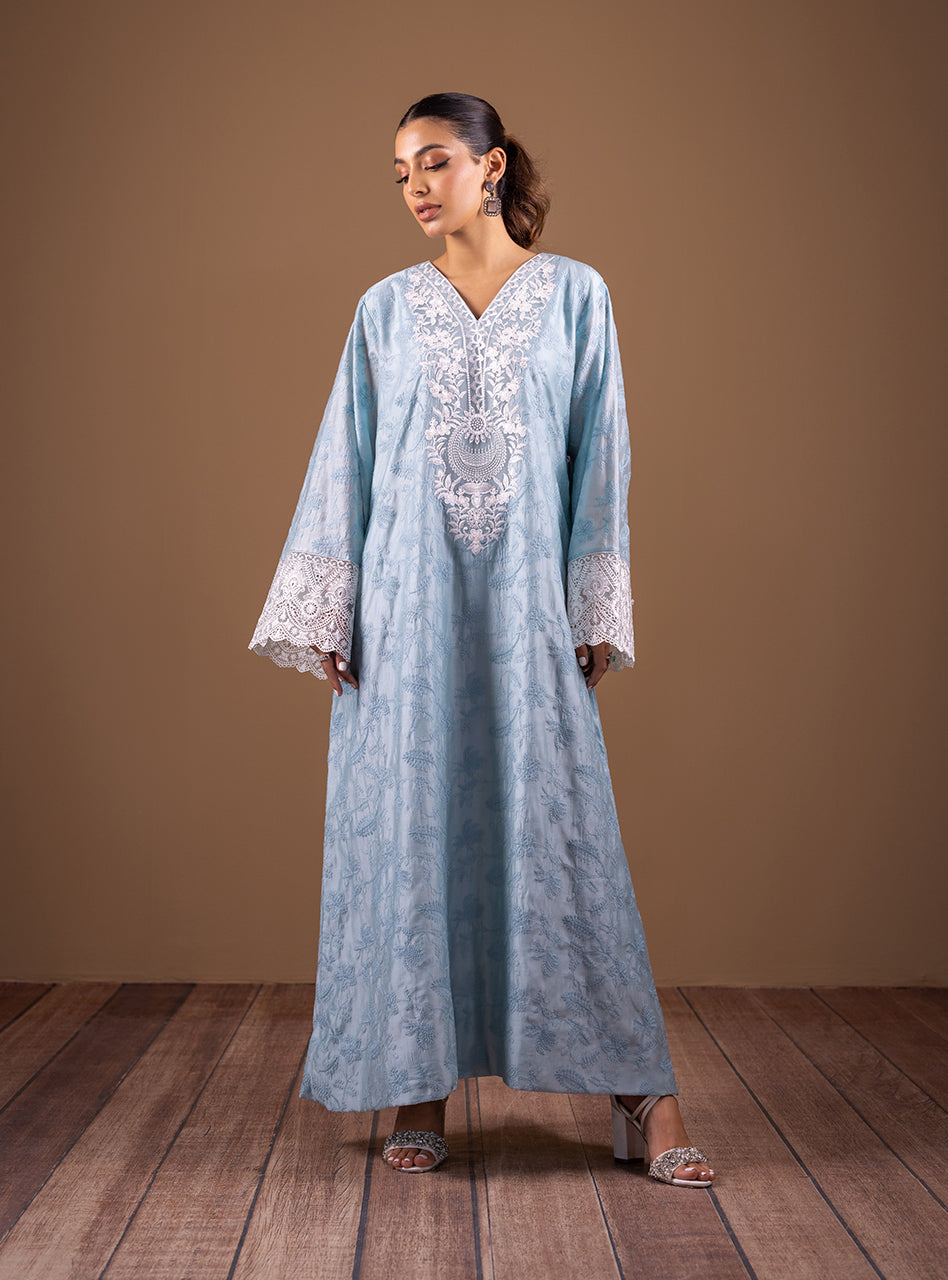 Ice Blue Hand Embroidered Silk-Blend Kaftan (2-Piece) - Image 6