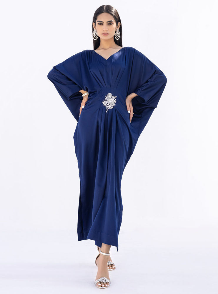 Deep Blue Hand-Embellished Silk Kaftan (1-Pc) - Image 2
