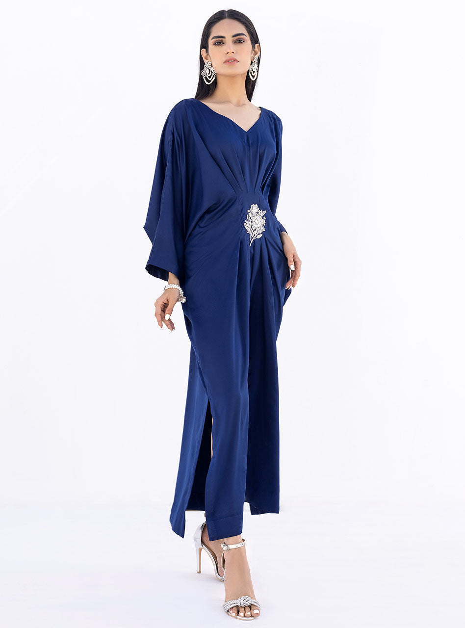 Deep Blue Hand-Embellished Silk Kaftan (1-Pc) - Image 4