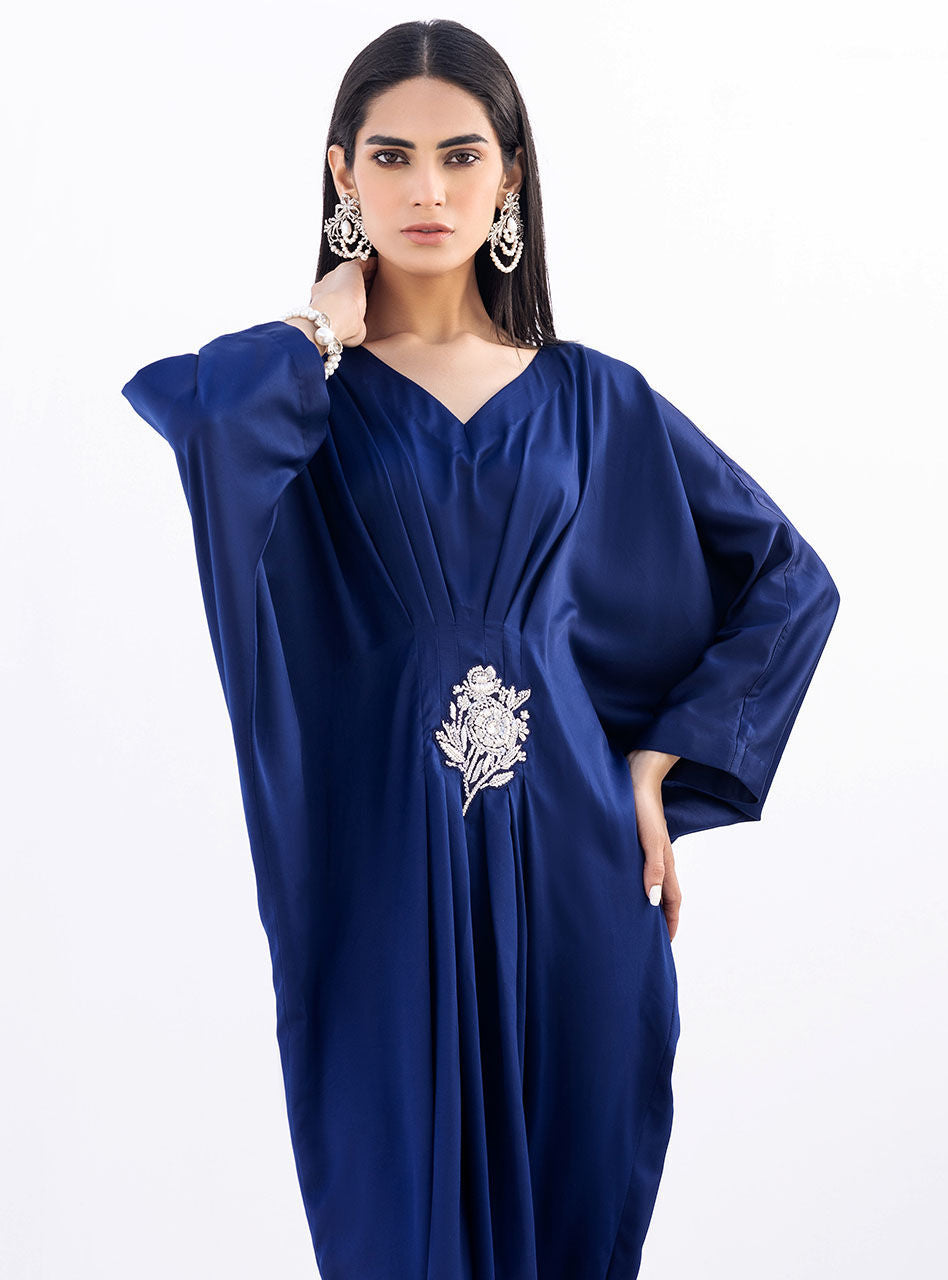 Deep Blue Hand-Embellished Silk Kaftan (1-Pc) - Image 7