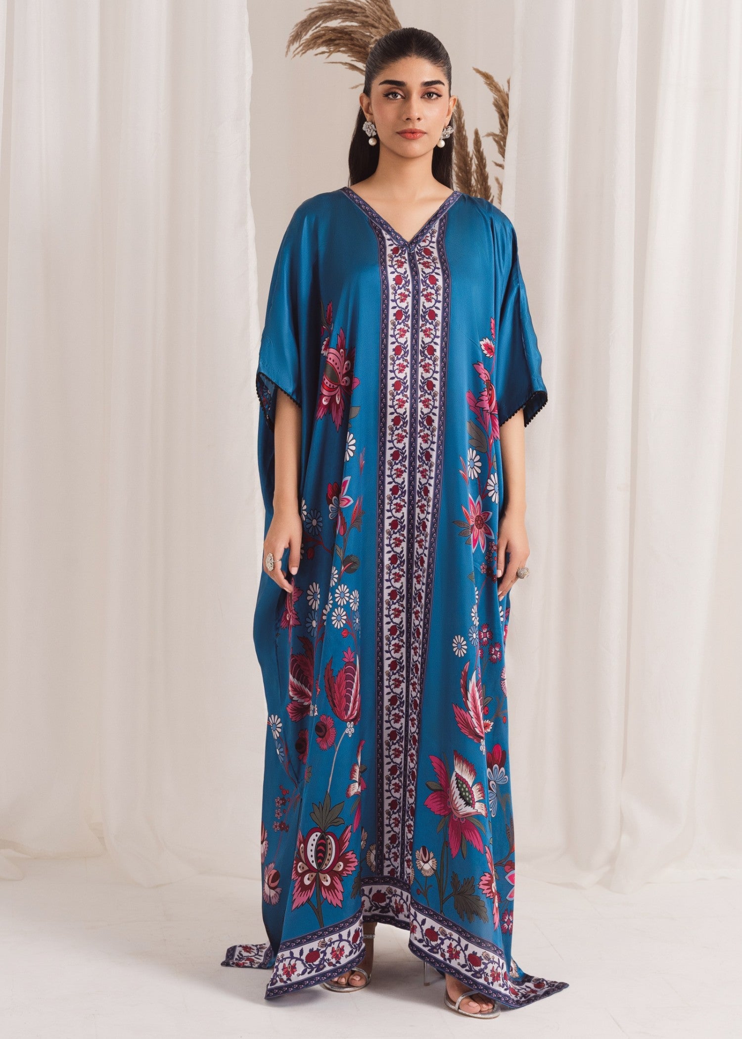 Pakistani Blue Printed Silk Kaftan (1-Pc) - Image 1