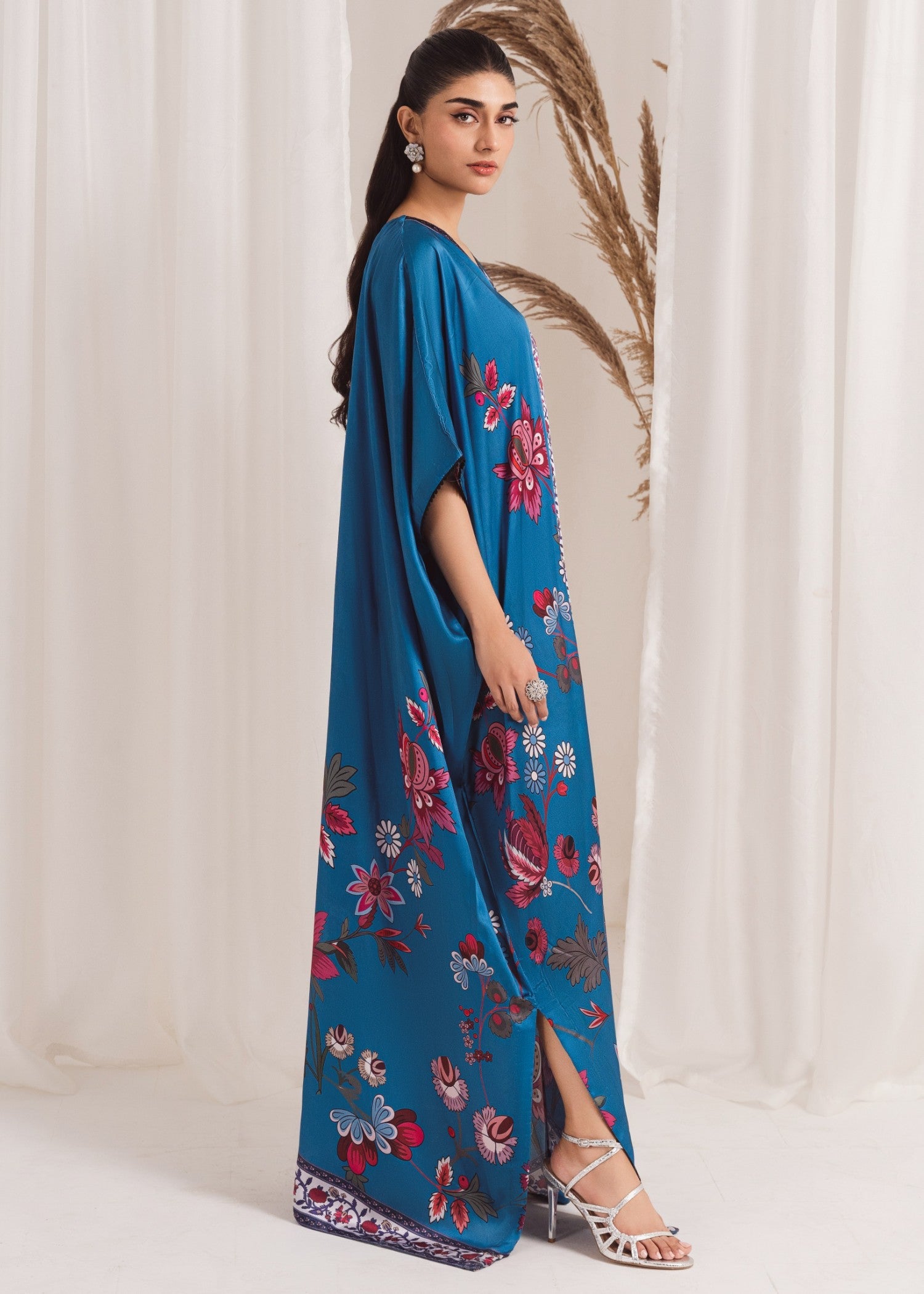 Pakistani Blue Printed Silk Kaftan (1-Pc) - Image 2