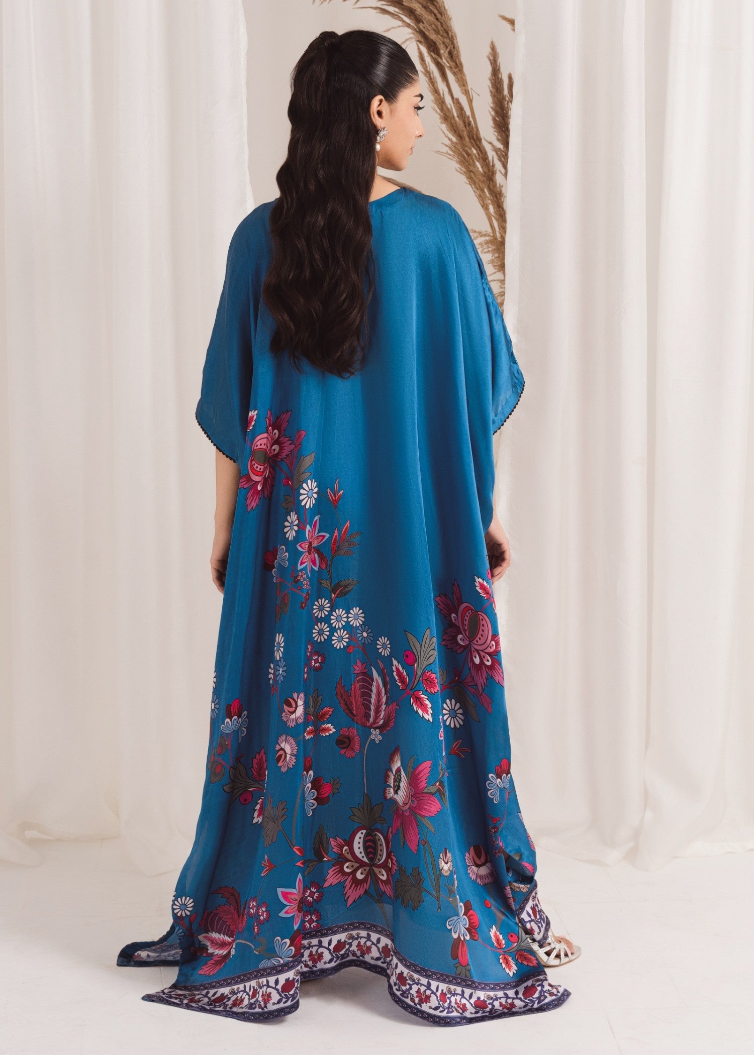 Pakistani Blue Printed Silk Kaftan (1-Pc) - Image 3