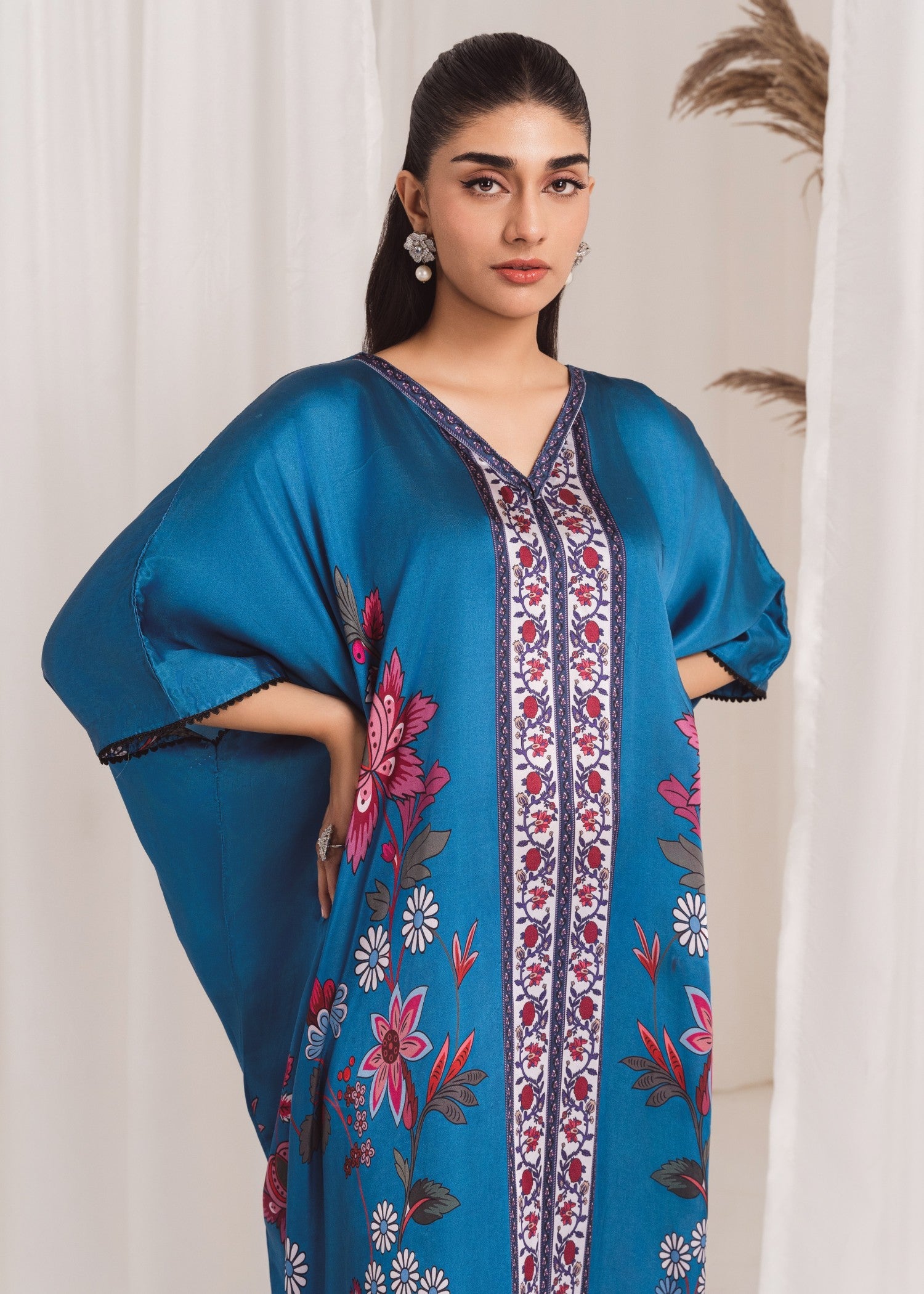 Pakistani Blue Printed Silk Kaftan (1-Pc) - Image 4