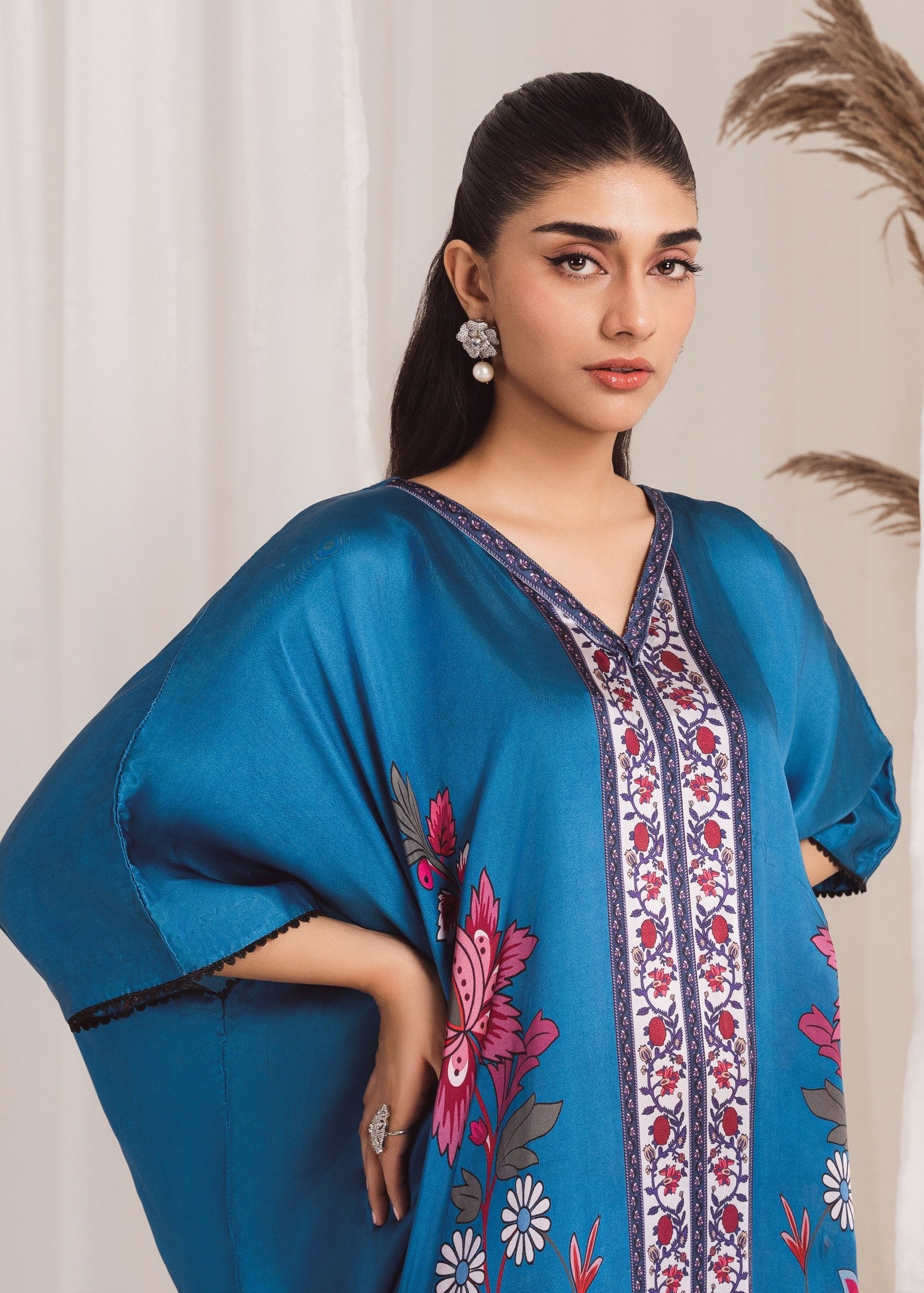 Pakistani Blue Printed Silk Kaftan (1-Pc) - Image 5
