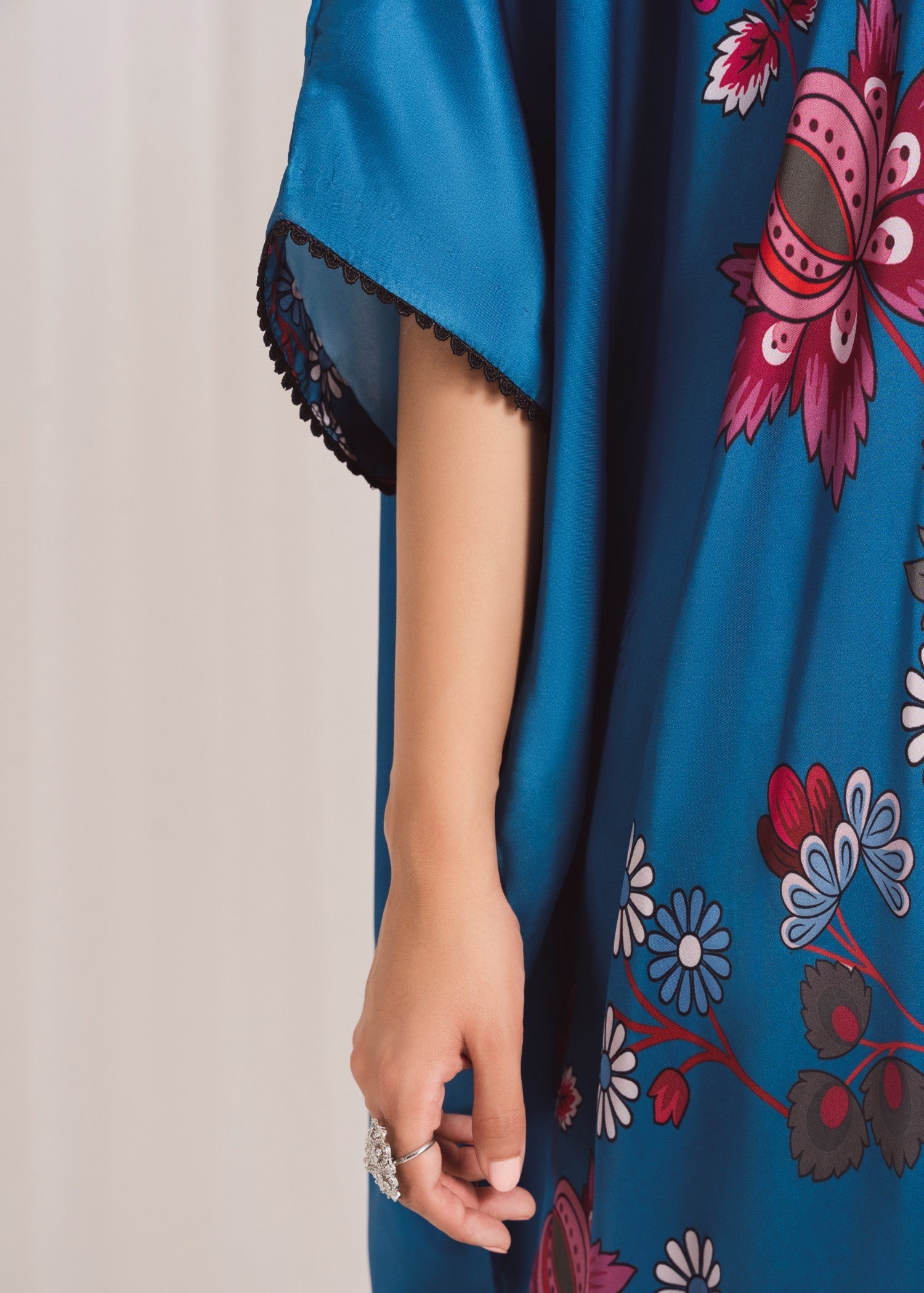 Pakistani Blue Printed Silk Kaftan (1-Pc) - Image 7