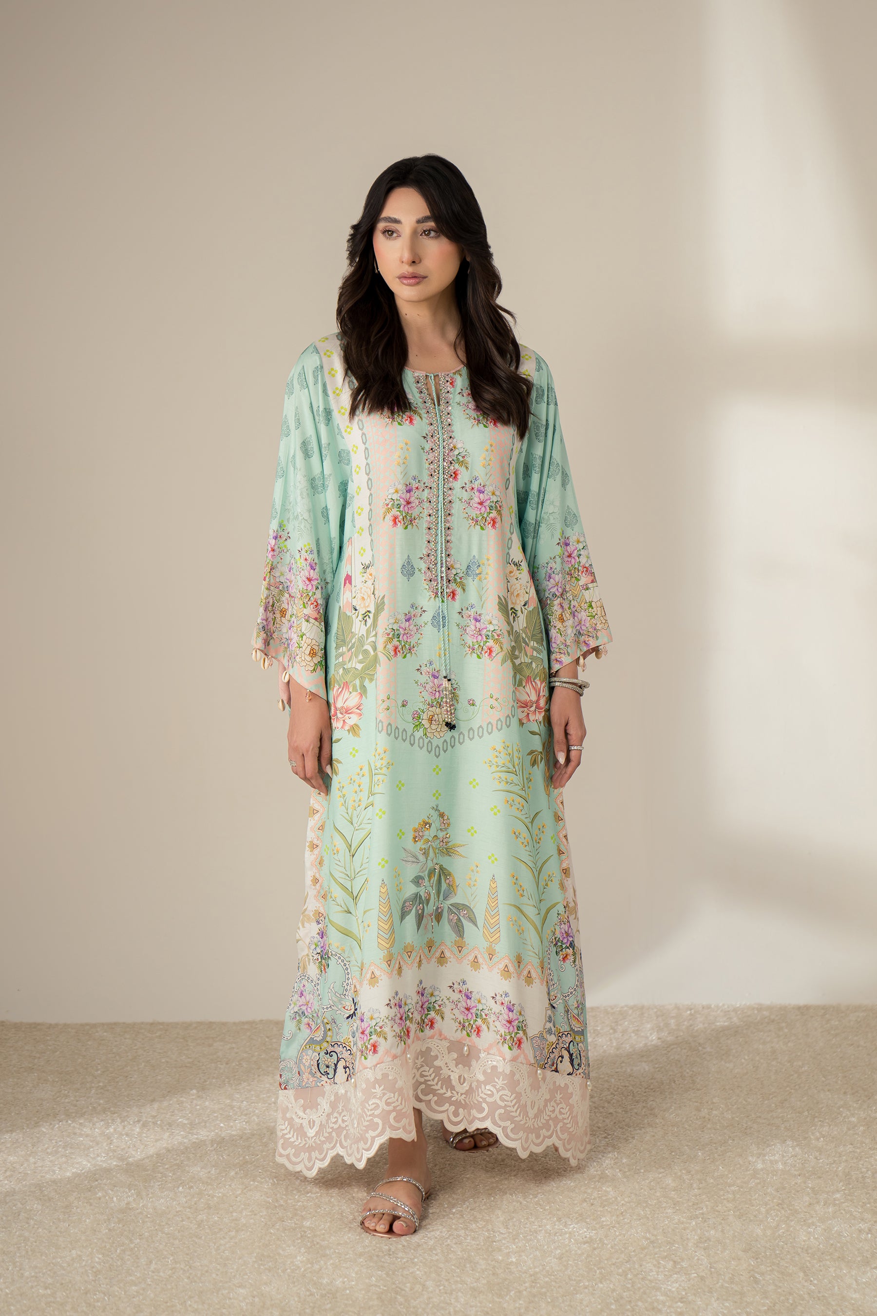 Aqua Floral Printed Kaftan with Crystal & Pearl Neckline (2-Piece) - Image 1