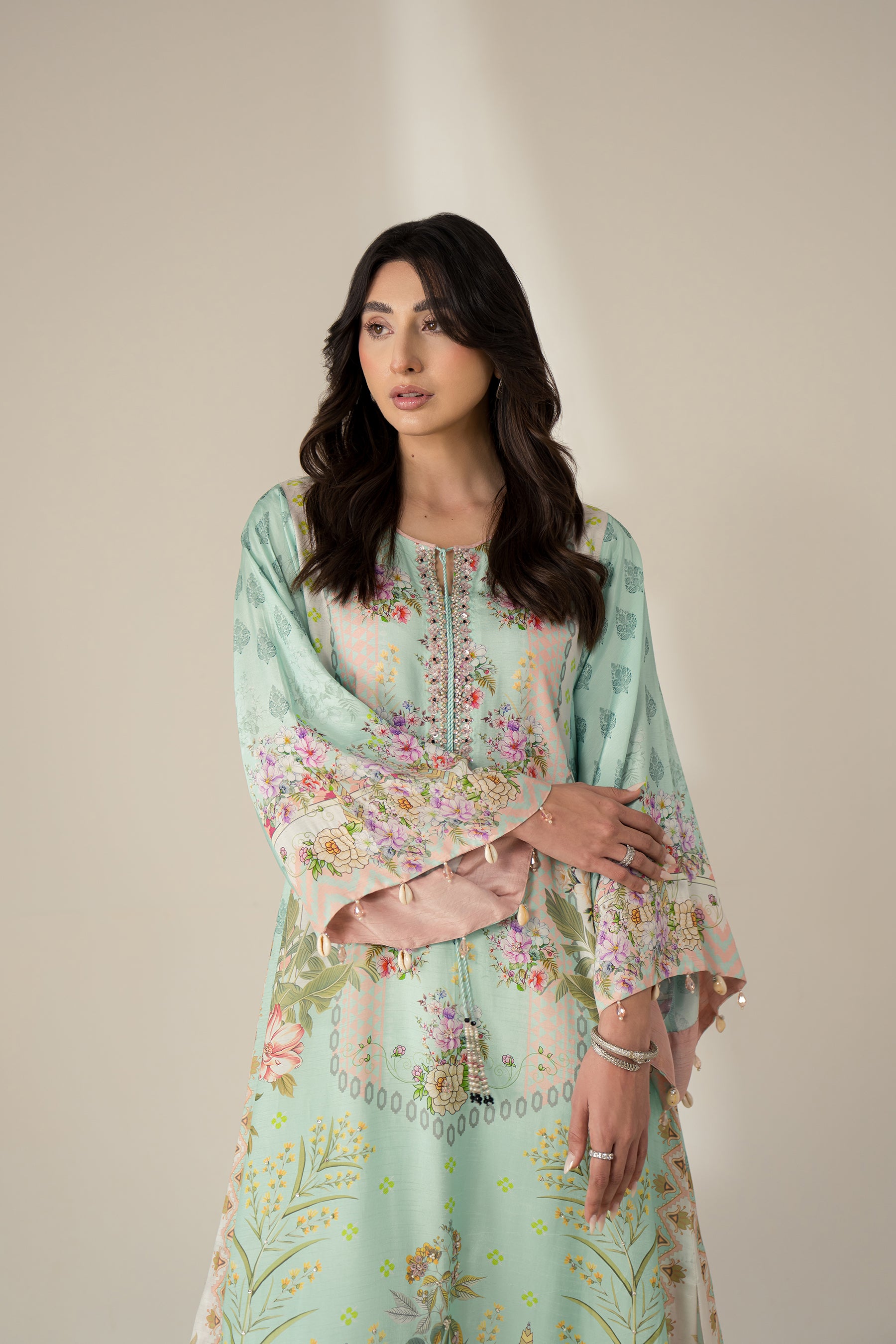 Aqua Floral Printed Kaftan with Crystal & Pearl Neckline (2-Piece) - Image 3