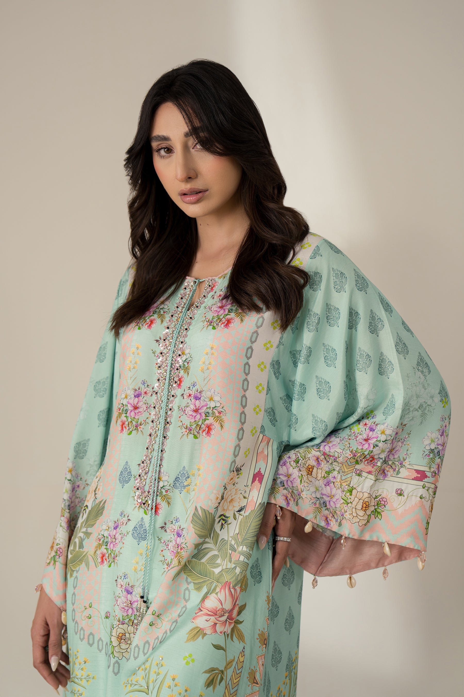 Aqua Floral Printed Kaftan with Crystal & Pearl Neckline (2-Piece) - Image 5