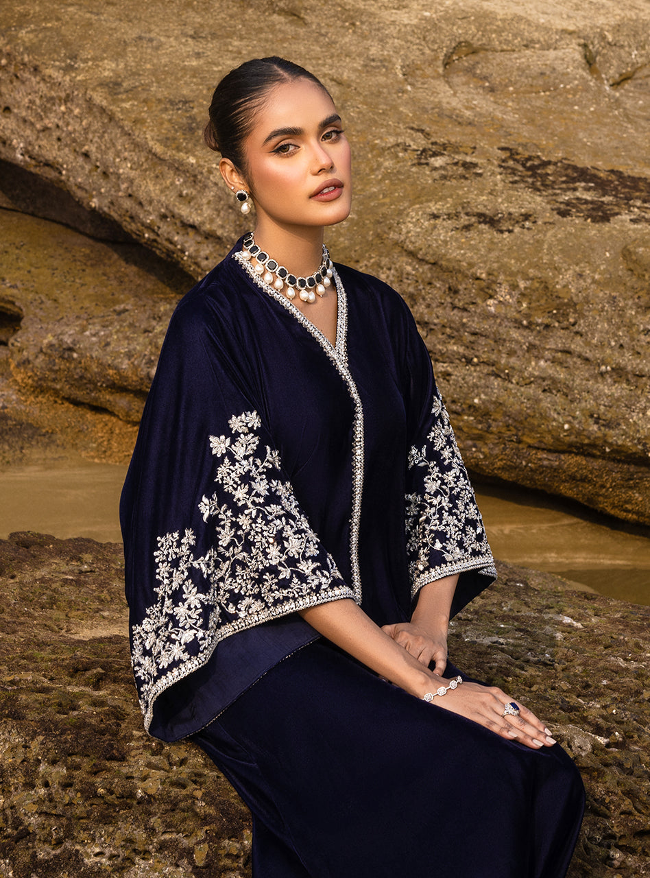 Pakistani Royal Blue Hand Embroidered Velvet Kaftan (1-Pc) - Image 3