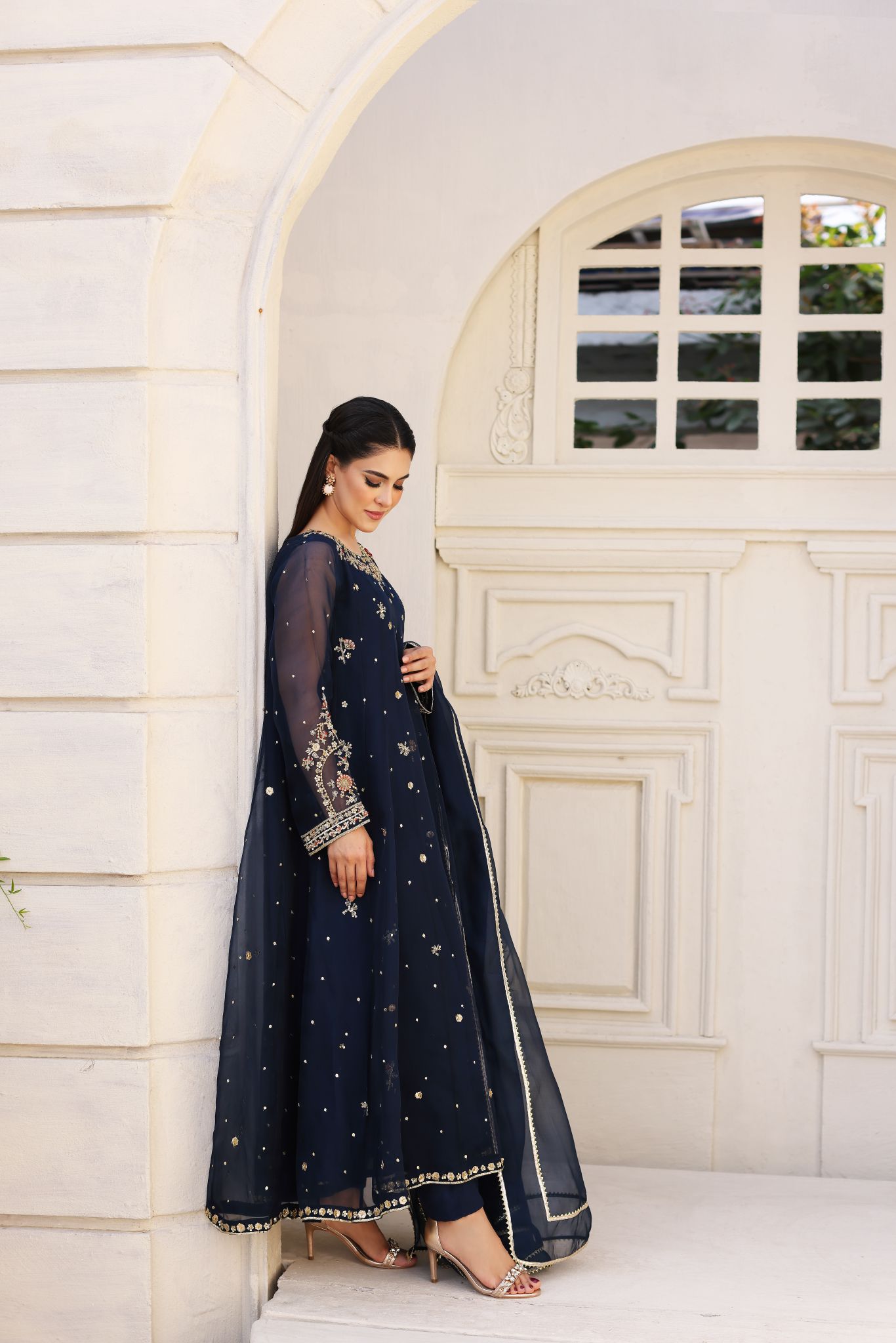 Pakistani Midnight Blue Embroidered Cotton Net Kalidaar (3-Piece) - Image 1