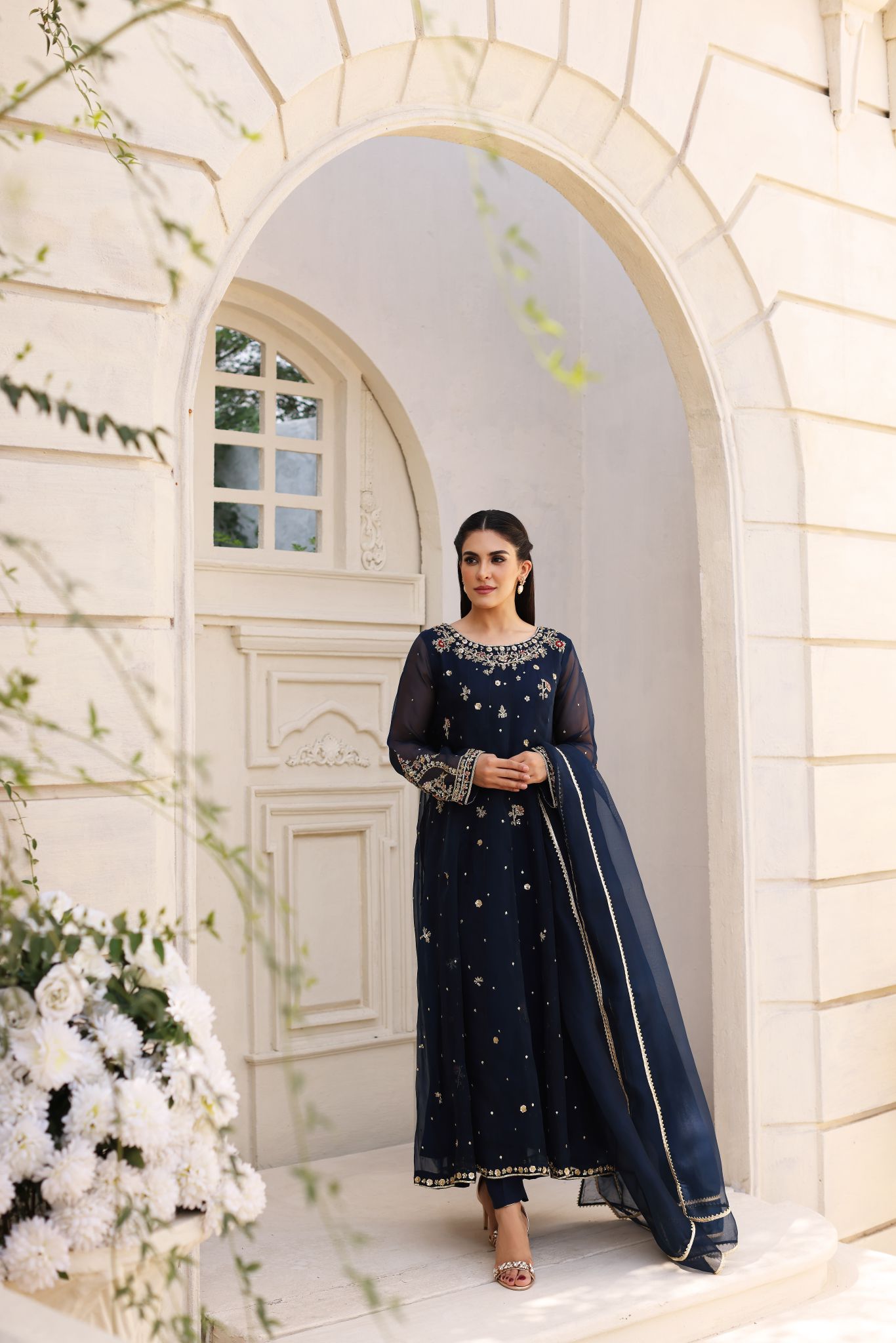 Pakistani Midnight Blue Embroidered Cotton Net Kalidaar (3-Piece) - Image 2