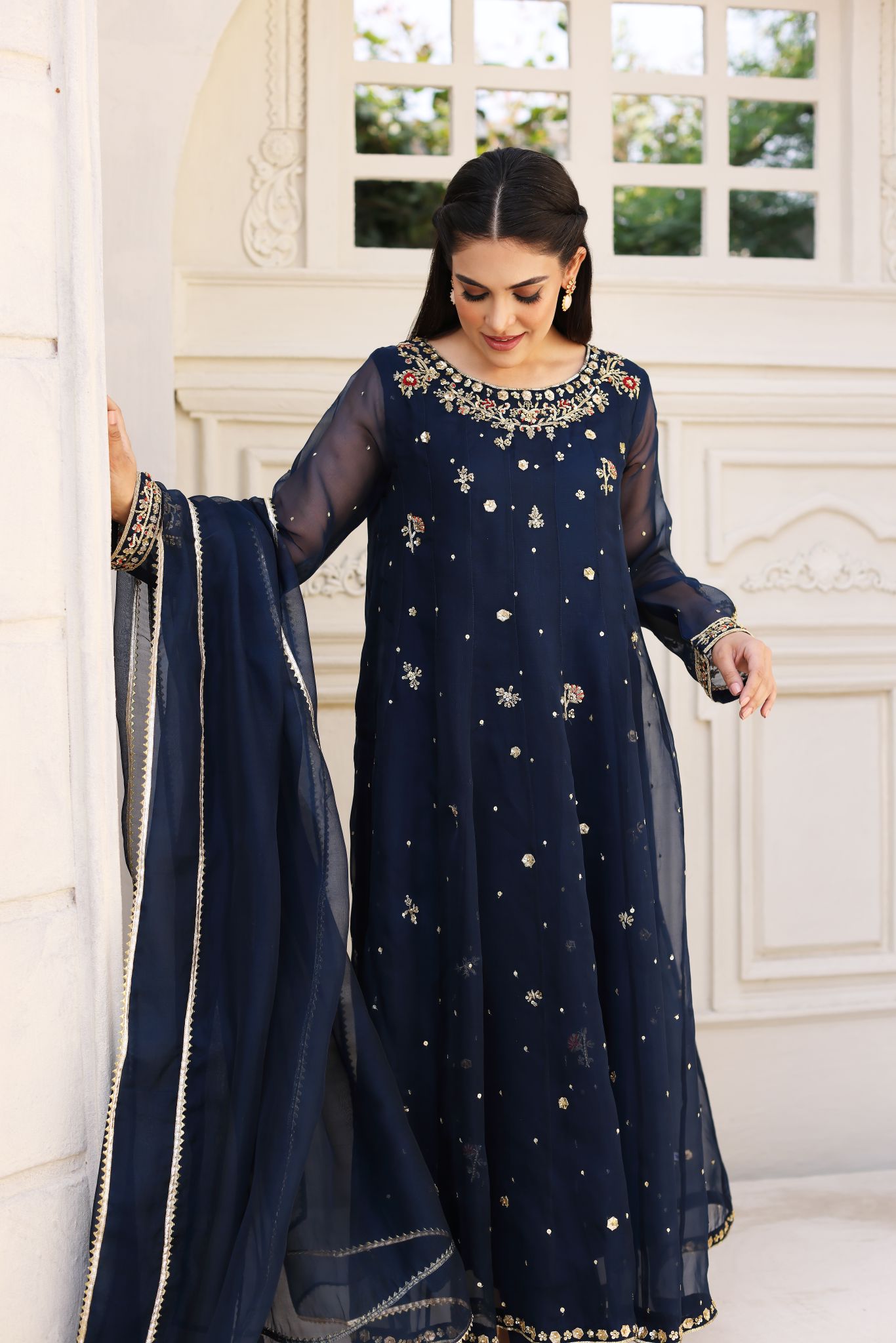 Pakistani Midnight Blue Embroidered Cotton Net Kalidaar (3-Piece) - Image 3