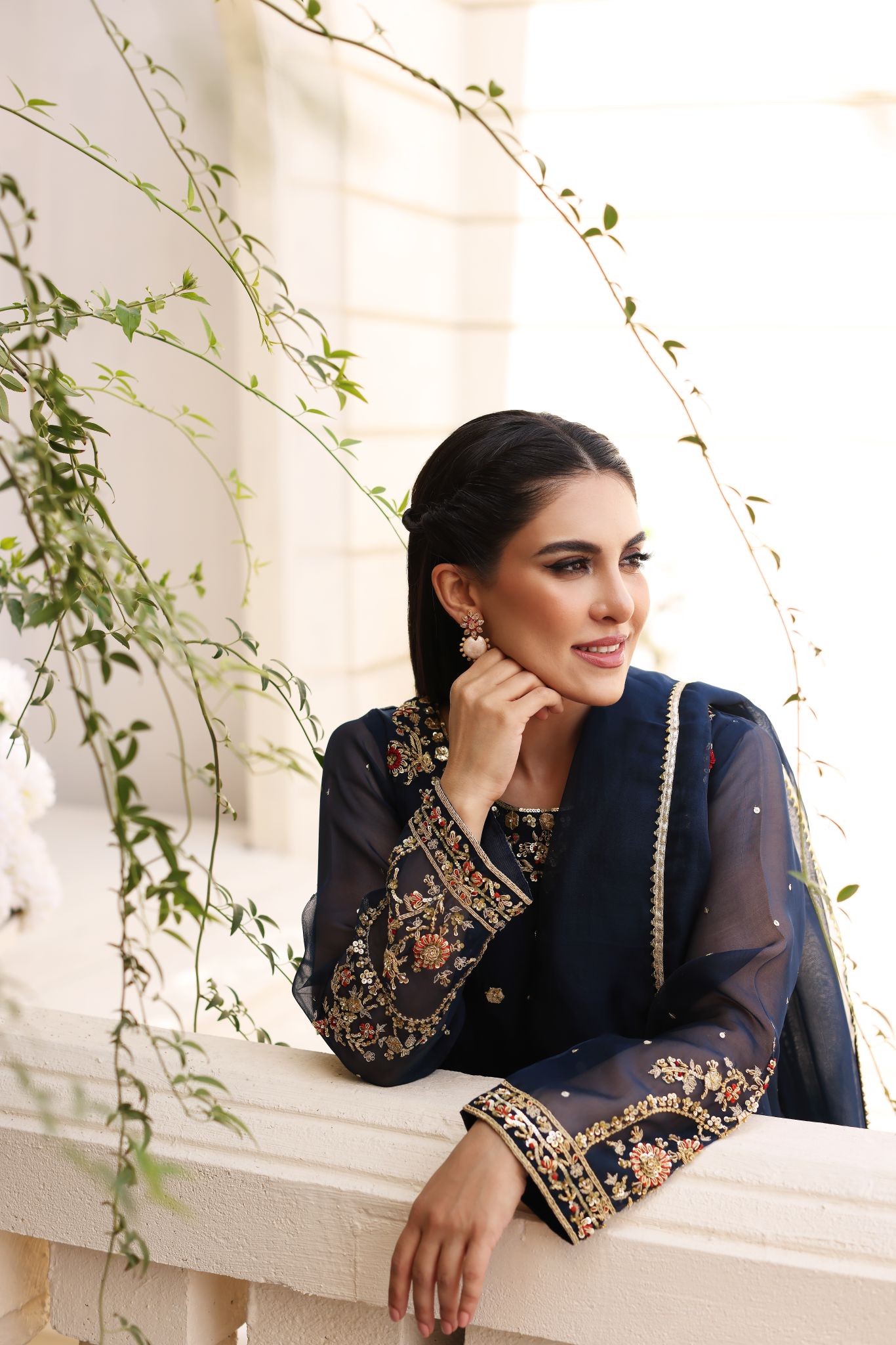 Pakistani Midnight Blue Embroidered Cotton Net Kalidaar (3-Piece) - Image 4