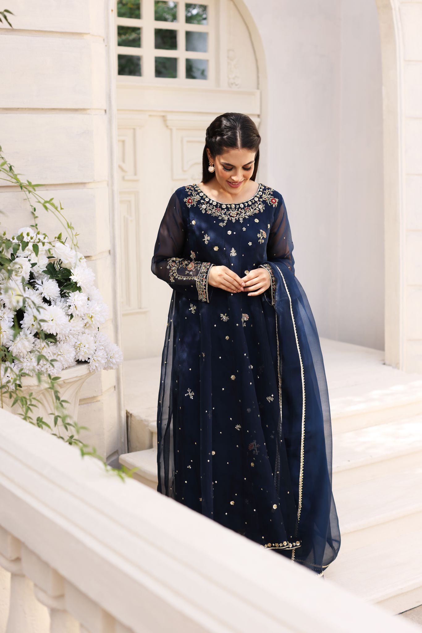 Pakistani Midnight Blue Embroidered Cotton Net Kalidaar (3-Piece) - Image 5