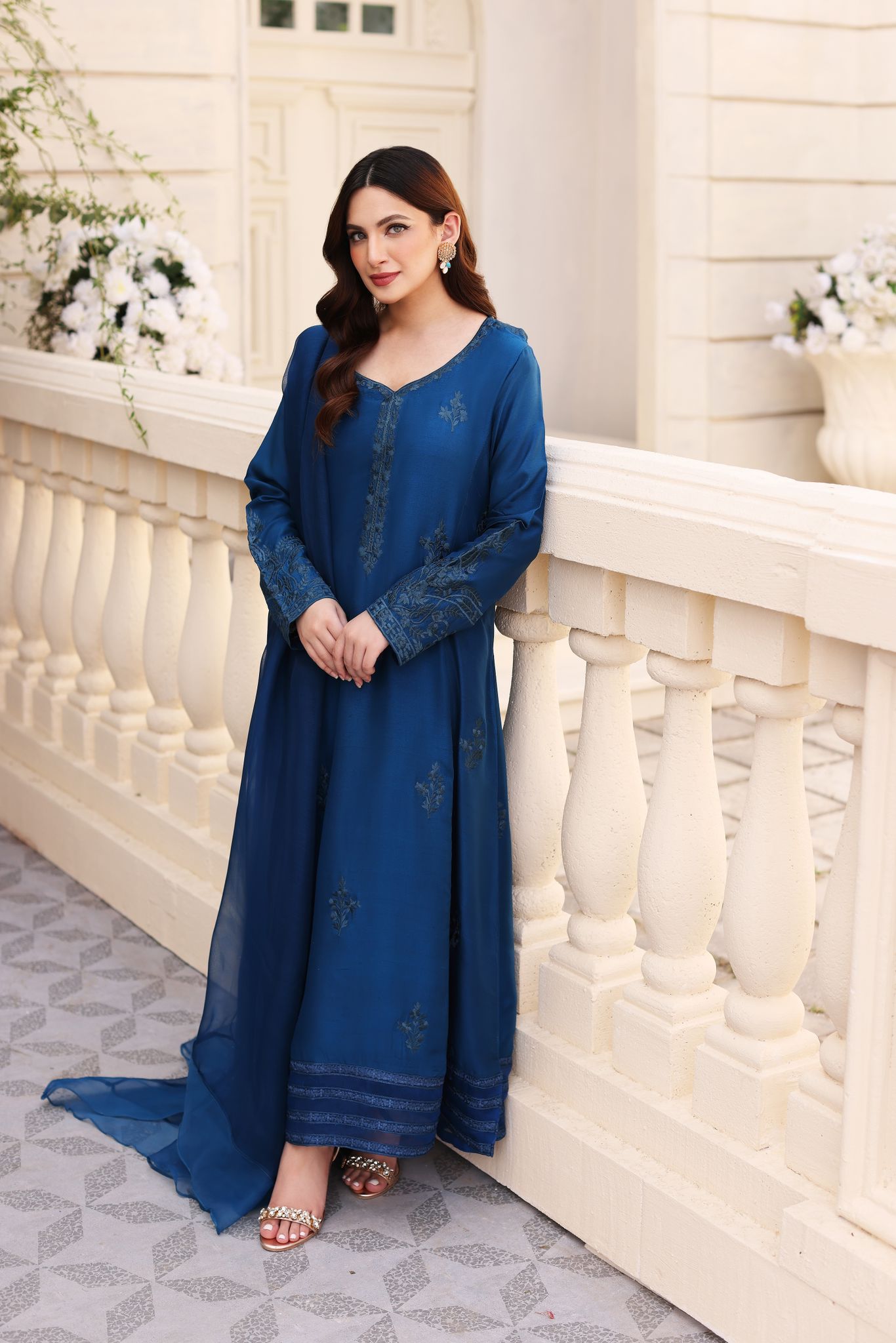 Midnight Blue Embroidered Raw Silk Kalidaar (3-Piece) - Image 1