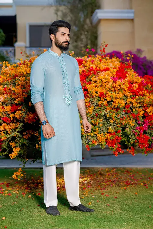 Light Blue Embroidered Cotton-Blend Kurta (2-Piece) - Image 1